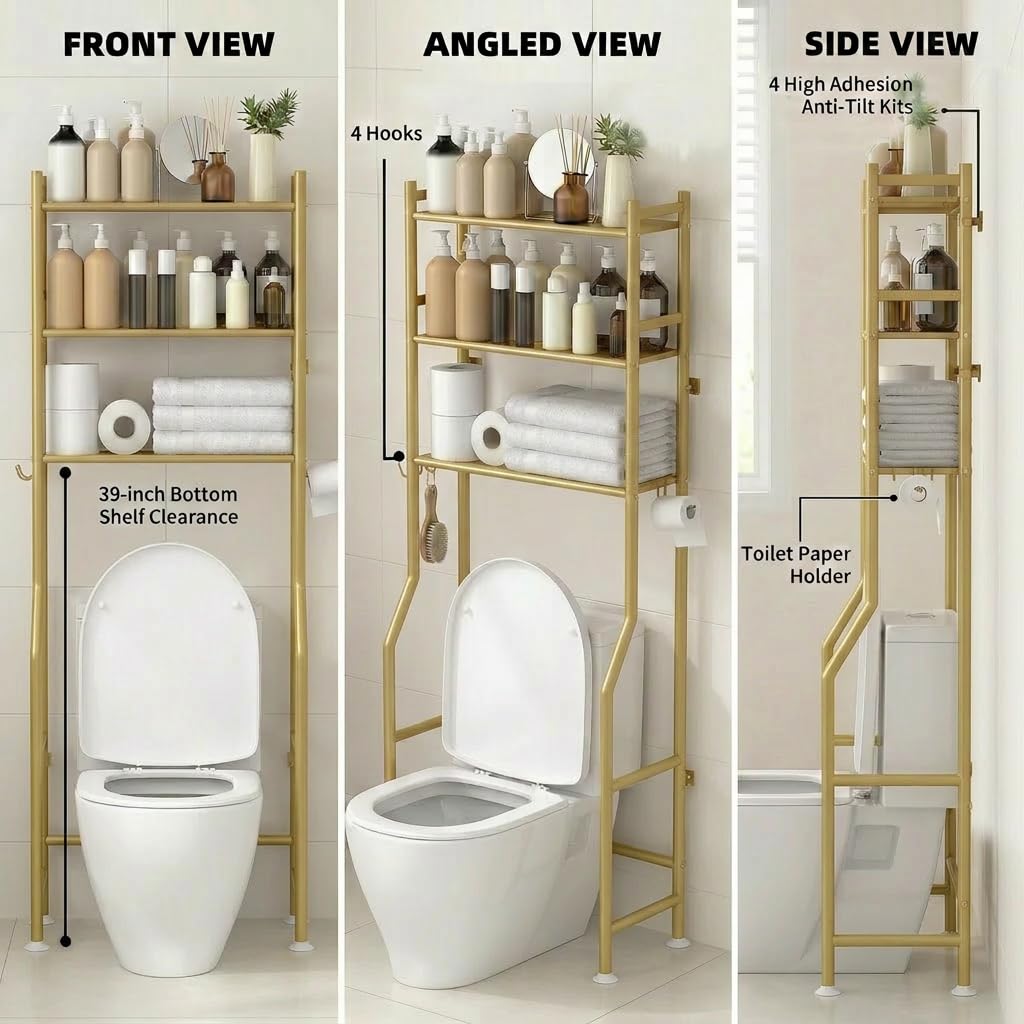 GloTika 3-Tier Over Toilet Storage with Anti-Tilt Safety System - 150lb Total Capacity Metal Bathroom Shelves Including Paper Holder & 4 Hooks, Space Saving Above Commode Organizer (64" H, Gold)
