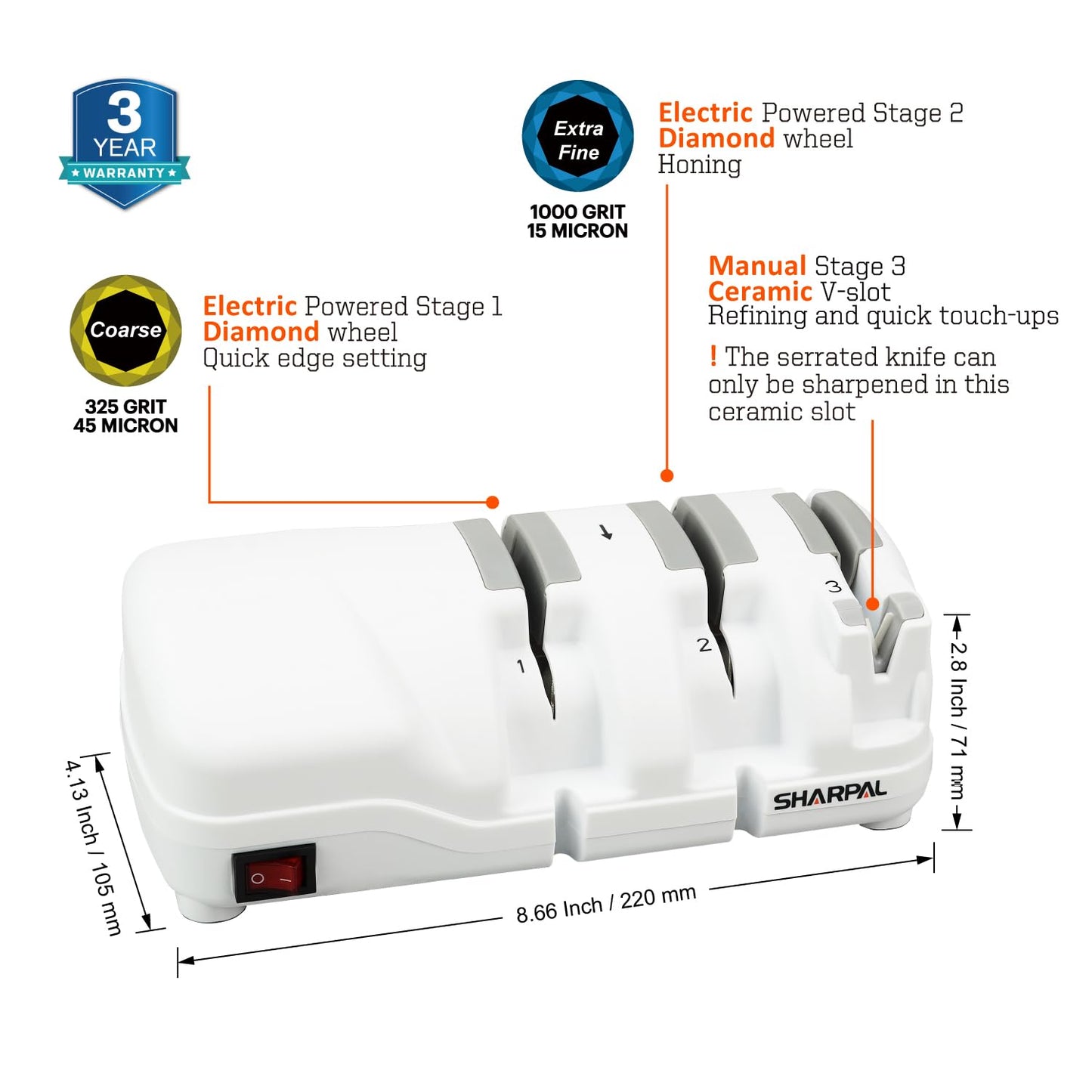SHARPAL 198H Electric Knife Sharpener - 3 Stage Professional Knife Sharpening System with Diamond Wheels, Suit for Double-Beveled Straight Edge & Serrated Knives, Premium Fathers Day Gift
