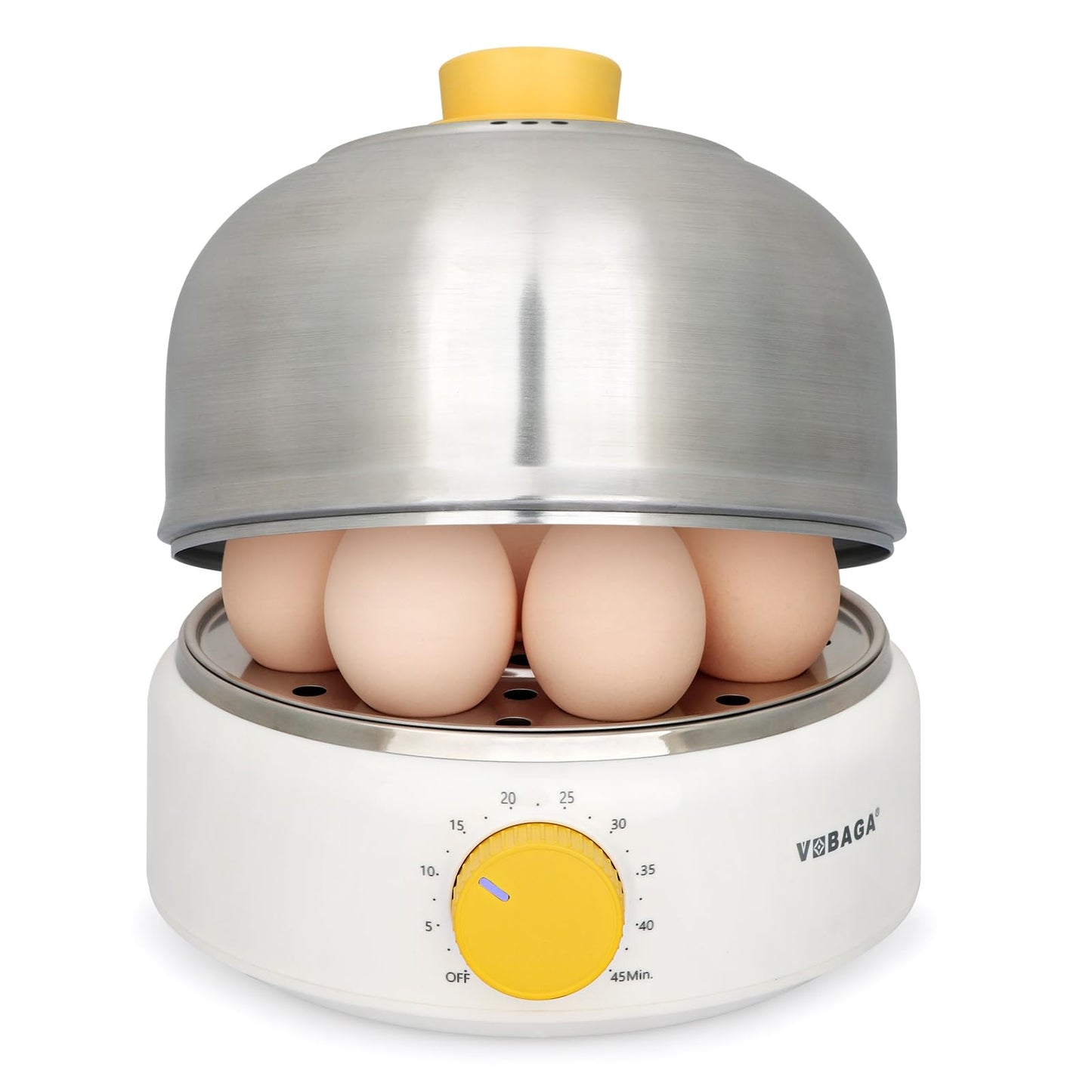 VOBAGA Rapid Egg Cooker, Electric Egg Boiler and Steamer Machine, 9 Egg Capacity, Stainless Steel, Auto Shutoff with Silent Timer, 400W (White)