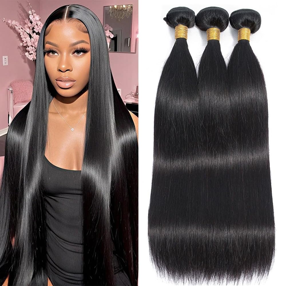 10A Straight Bundles Human Hair 16 18 20 Inch 100% Unprocessed Virgin Brazilian Straight Human Hair Weave 3 Bundles Natural Black Color