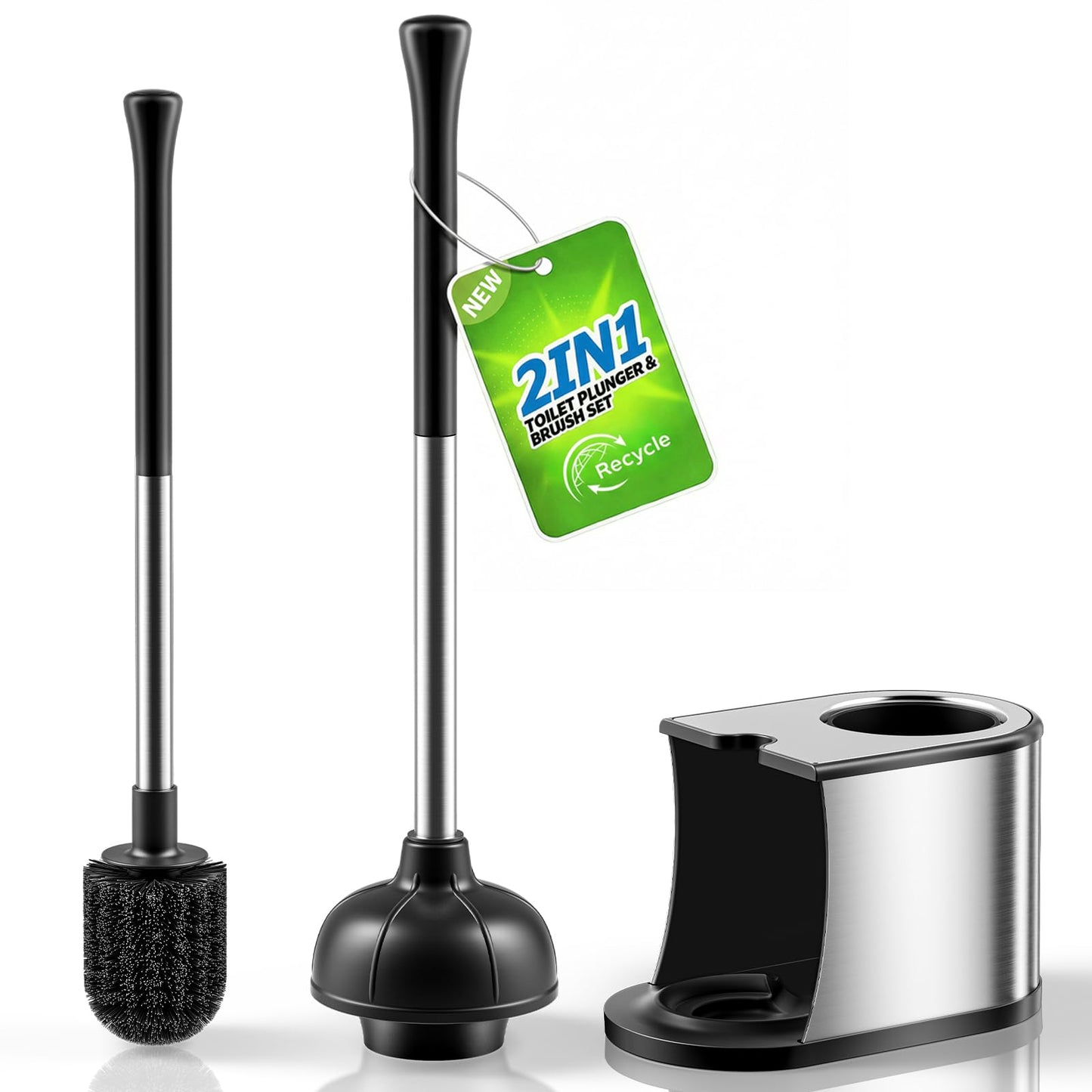 HAMITOR Toilet Plunger and Brush Set: Bathroom Powerful Cleaning Round Bristle Brush - Stainless Steel Heavy Duty Unclogging and Bowl Brush Combo - Compact Home Apartment Restroom Decor Accessories