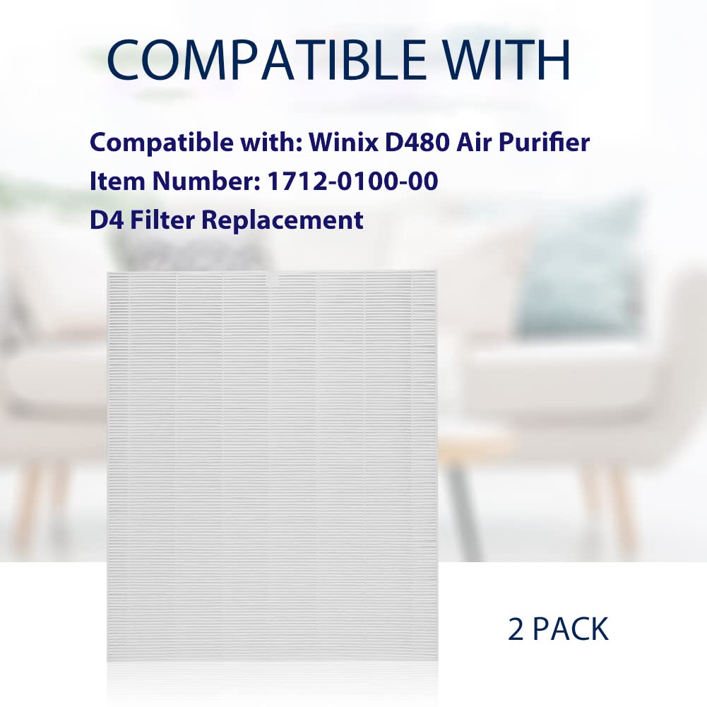 Allisfresh D480 Replacement Filter D4 Compatible with Winix D480 Air Cleaner Purifier Ture HEPA Only, Item Number 1712-0100-00, D4 Filter 2 Pack