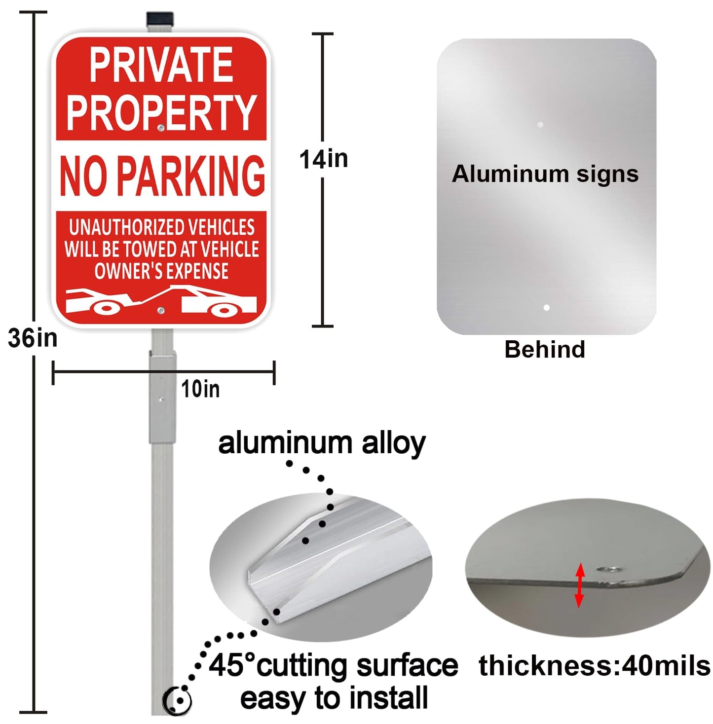 (3 Pack) Large Private Property No Parking Sign with Stake 36" Tall | 14" x 10" Vehicle Towed At Owner's Expense Sign, Reflective Rust Free Aluminum, UV Protected, Fade Resistance, Easy to install