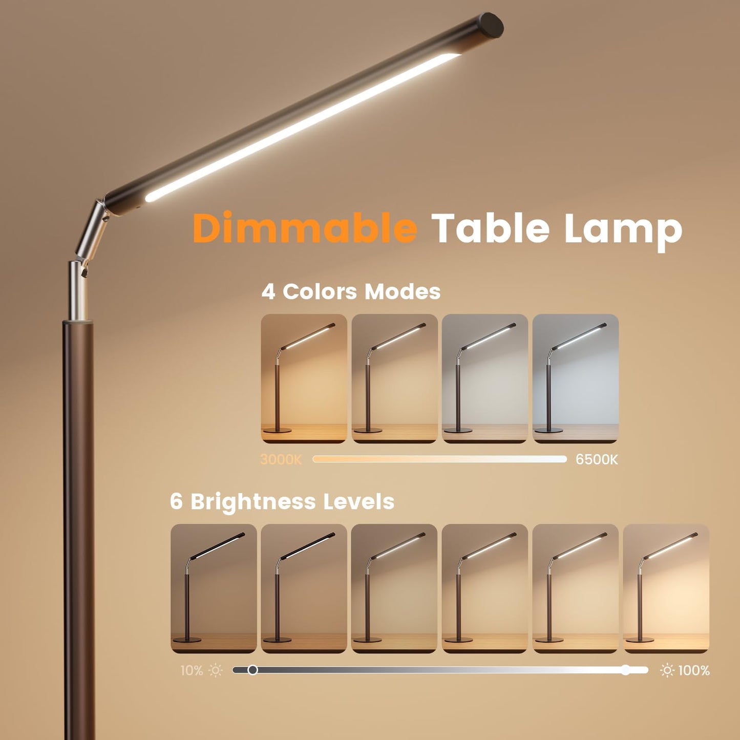 ALFELE Brown LED Desk Lamp - 16" Foldable Metal Desk Light with Base, 15W, 1200LM, Dimmable Color Changing Table Lamp for Reading Study, Modern Table Lamp for Home Office Laptop College Dorm