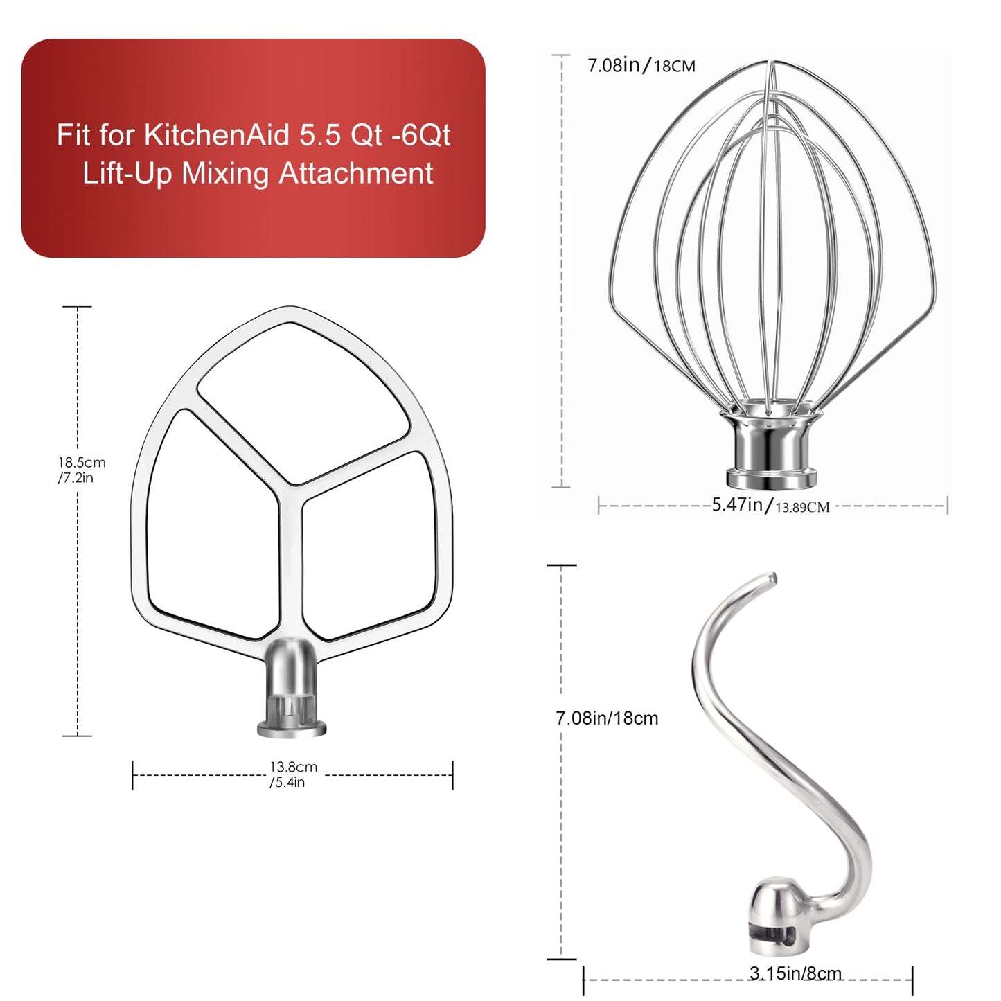 Stainless Steel 3 Piece kit Attachments for KitchenAid Stand Mixer and 5.5-6 Quart Bowl, Dishwasher Safe (5.5-6QT Flat Beater, 6QT Dough Hook, KN256 6-Wire Whip Attachment)