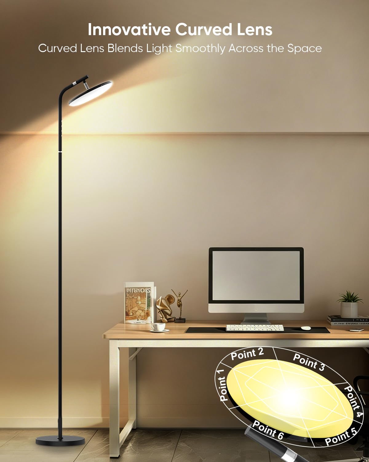 RUNBARRY LED Floor Lamp, 36W Super Bright Standing Lamp with Remote & Touch Control, 69" Stepless Dimmable Torchiere Floor Lamps, 350° Rotating Head Floor Lamp for Bedroom, Living Room, Office, Black