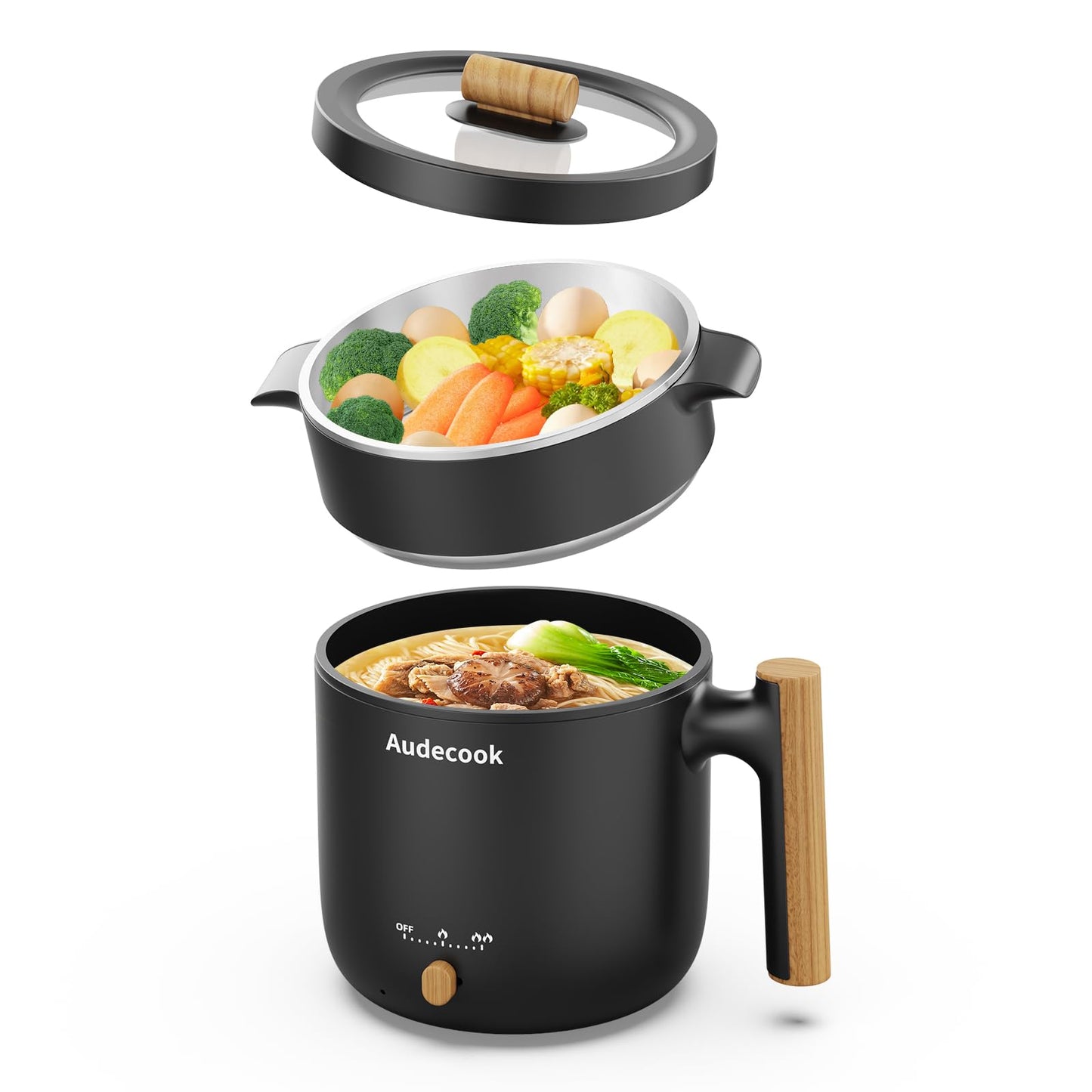 Audecook Hot Pot Electric with Steamer, 1.8L Portable Mini Travel Cooker, Multifunctional Non-Stick Electric Skillet for Stir Fry/Stew/Steam, Perfect for Ramen Noodles/Pasta/Egg/Soup/Oatmeal(Black)