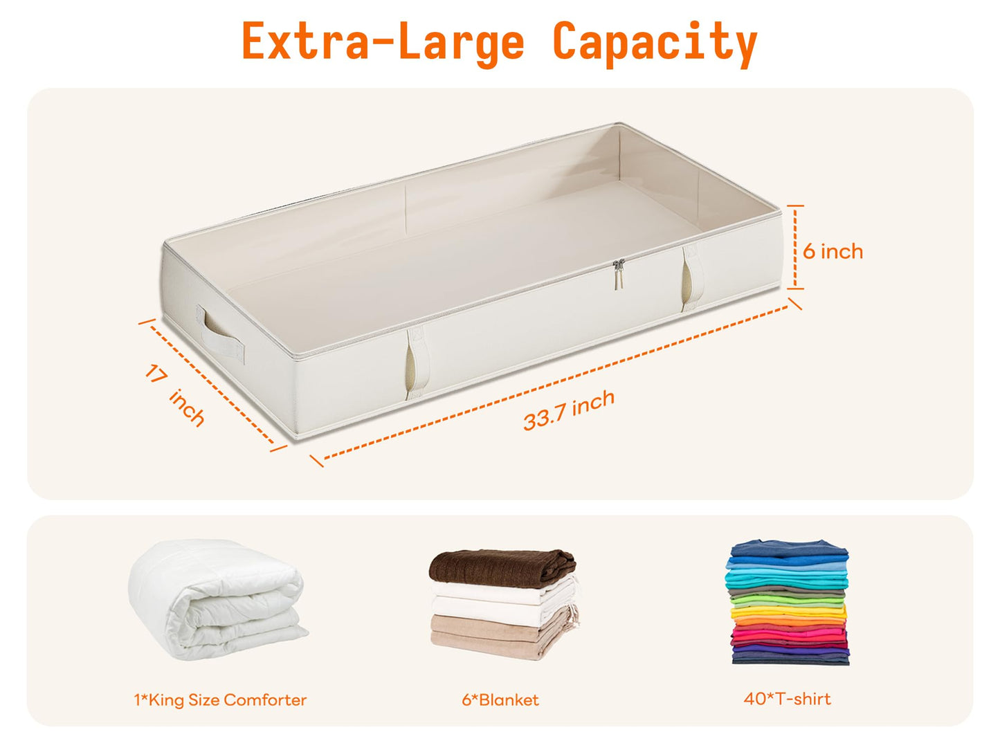 Vailando Side-Supported Under Bed Storage Containers, 6 Inches Tall 60L Underbed Storage Bins with Sturdy Handles and Sidewalls, Closet Organizer for Clothes, Blankets, Seasonal Items, Beige, 2-Pack