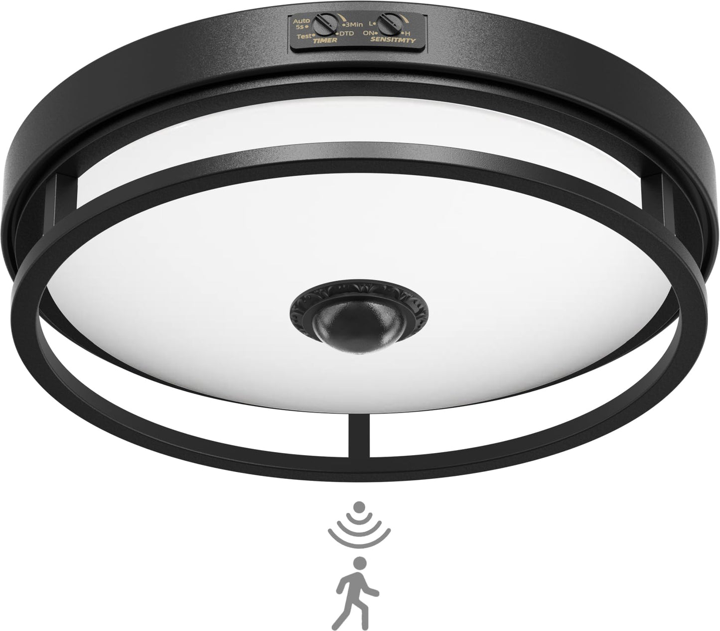 OYKYOHEI Motion Sensor Outdoor Ceiling Light, Flush Mount LED Ceiling Light Fixture, 12" Dusk to Dawn Porch Lights for Outdoor Ceiling, Black Ceiling Lamp for Entryway, Garage, Hallway