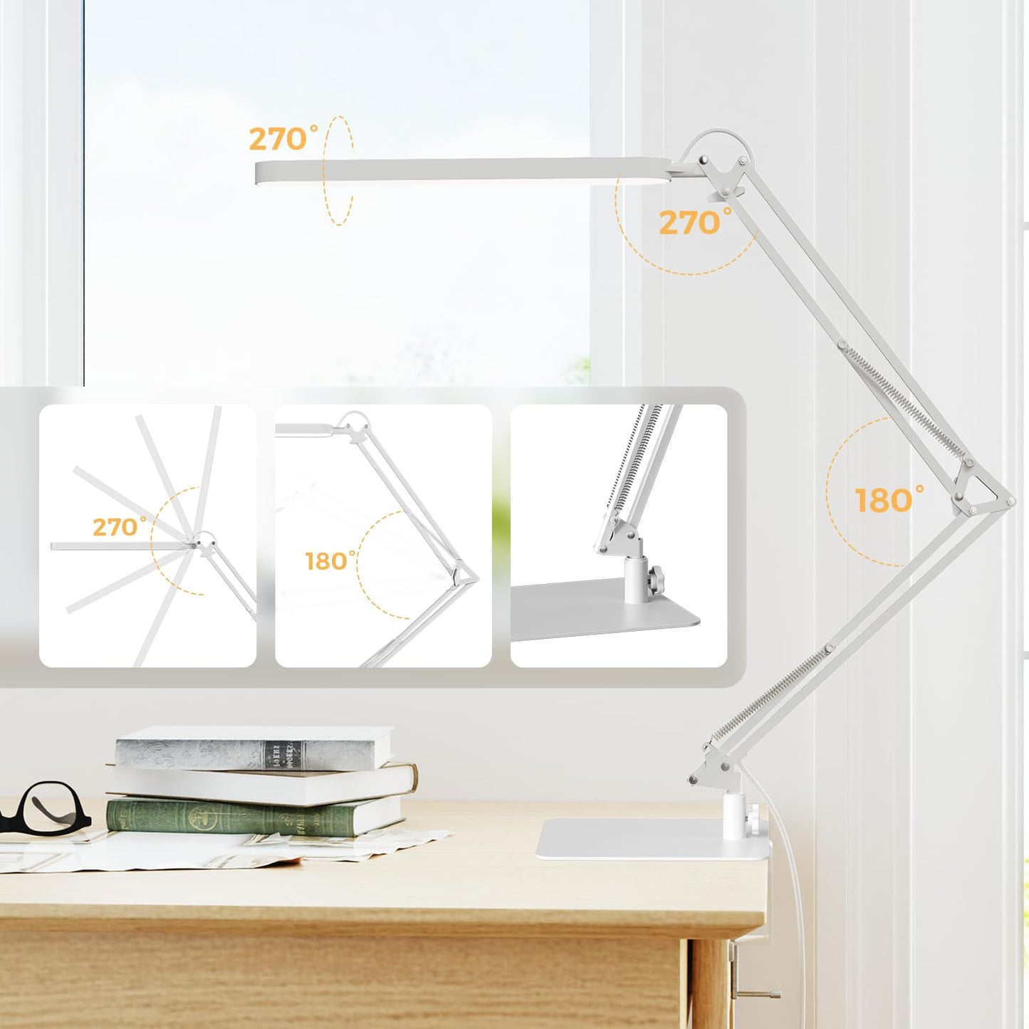 SKYLEO LED Desk Lamp with Slim Base - Adjustable Swing Arm Desk Light, Dimmable, Timer, Eye Protection, Memory Function, 1300LM, 12W, White