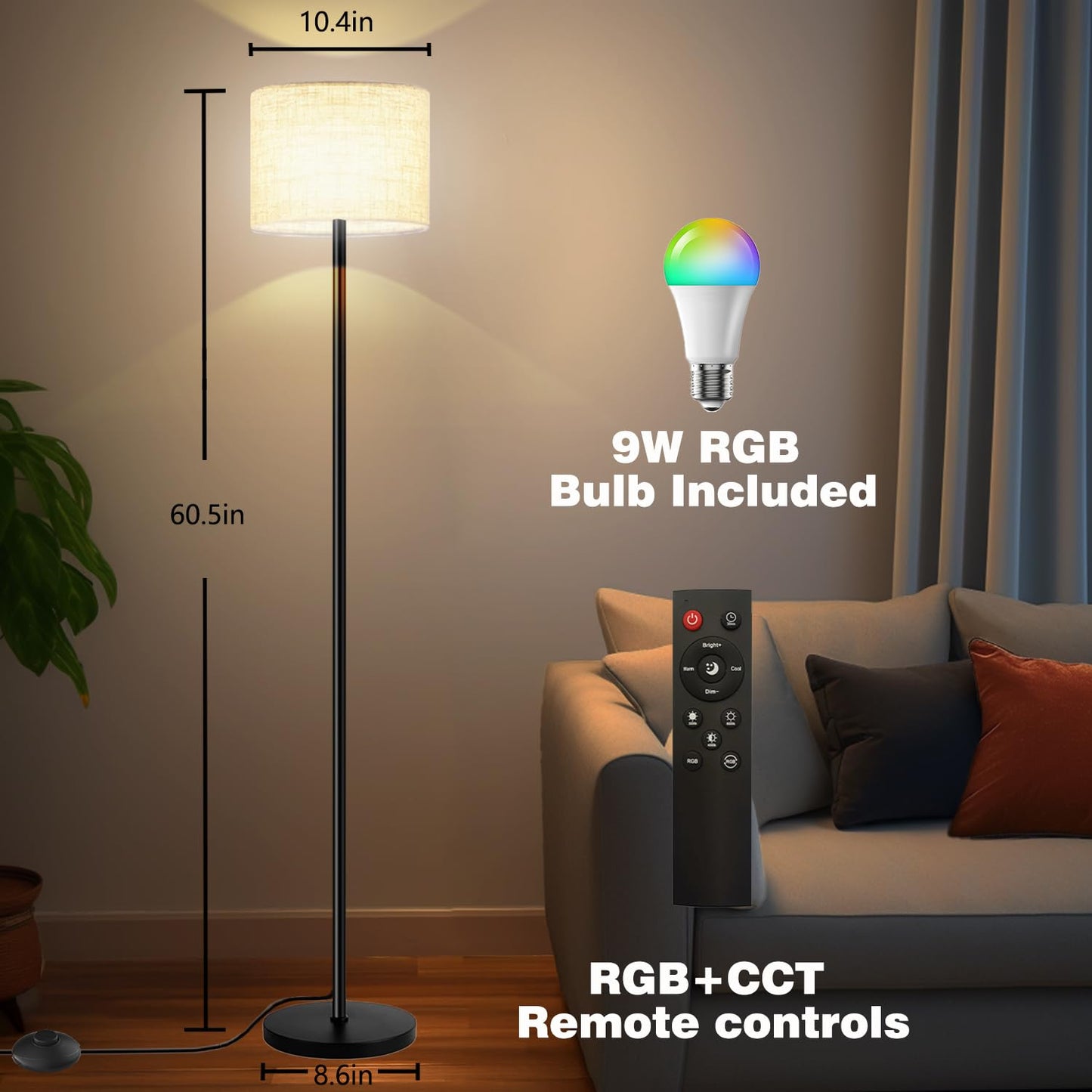 Fuvqeyes Smart Floor Lamp with APP & Remote Control - Dimmable RGB & White Light (3000K-6500K) for Living Room, Bedroom, Office - Modern Standing Lamp with 9W LED Bulb Included