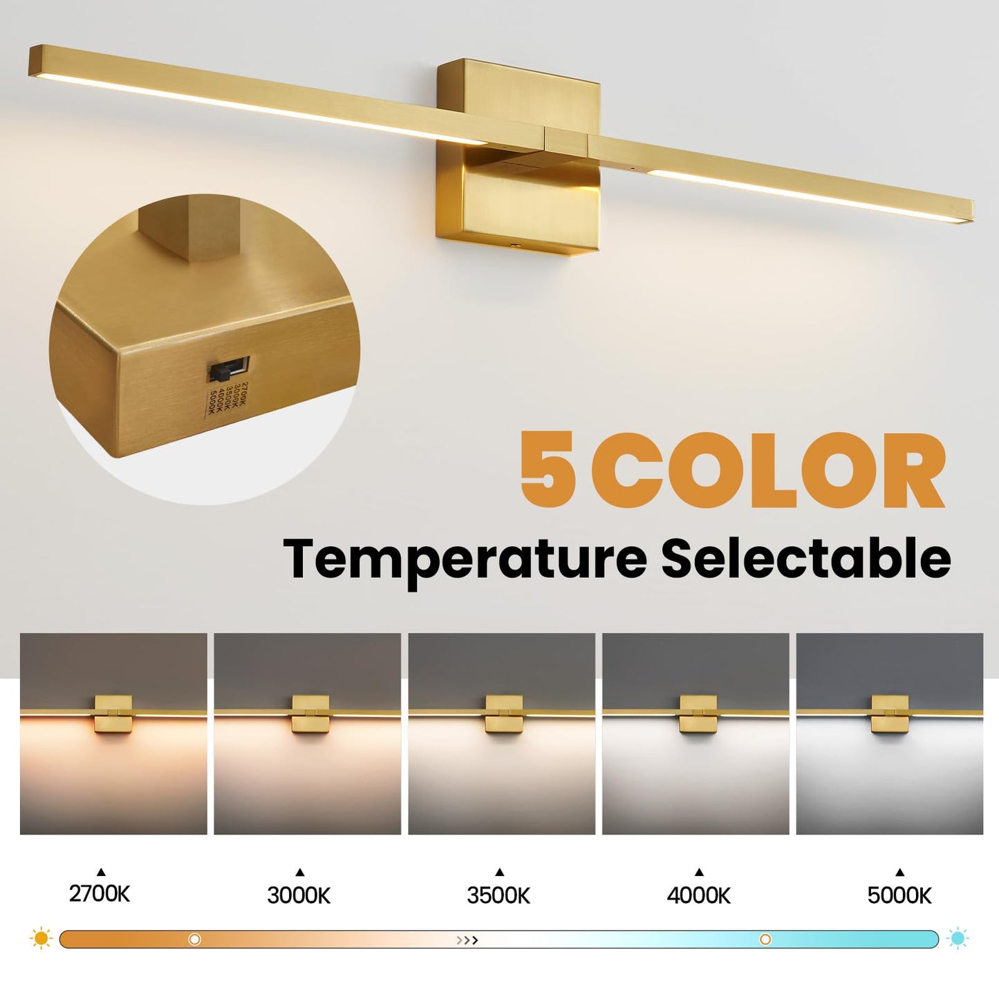 CCYCOL Gold Bathroom Vanity Light Fixtures - 30 inch Rotatable Modern 5CCT LED Vanity Lights for Bathroom Lighting Fixture Over Mirror Dimmable Bathroom Wall Sconce