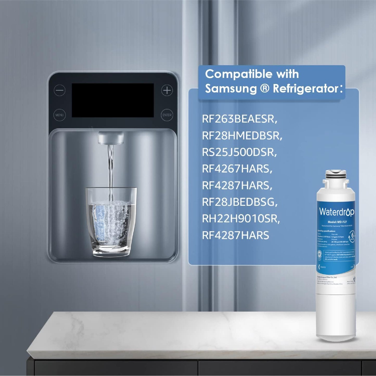 Waterdrop WD-F27 Replacement for Samsung® Refrigerator Water Filter HAF-CIN/EXP, DA29-00020B, HAF-CIN, RF28HMEDBSR, RF263BEAESR, RS25J500DSR, RF263TEAESG, HDX FMS-2, DA97-08006A-1, 6 Pack