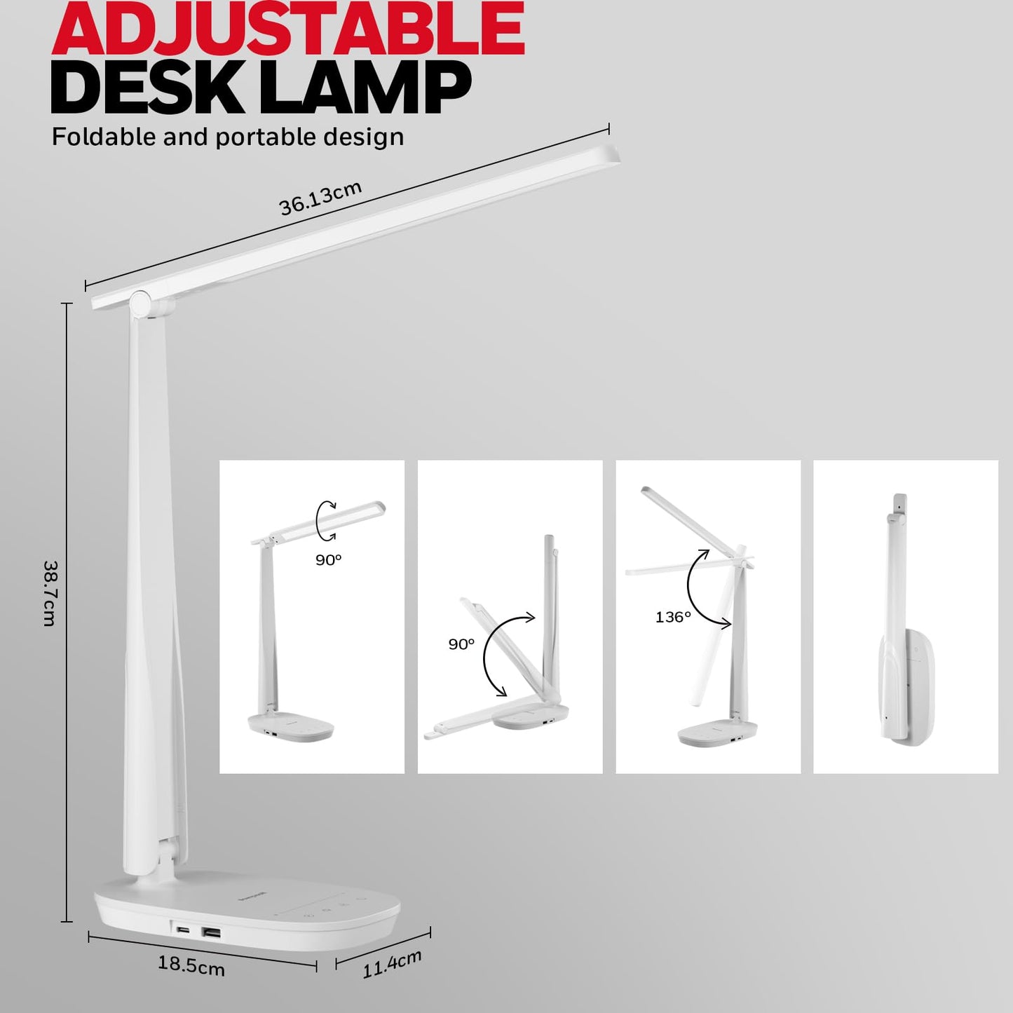 Honeywell HWT-H2 LED Desk Lamp, CRI94 Full Spectrum Eye-Caring Table Light, Foldable Dimmable 4 Color Modes with USB A+C Charging Ports for Home Office Bedroom Reading Study Work (White)