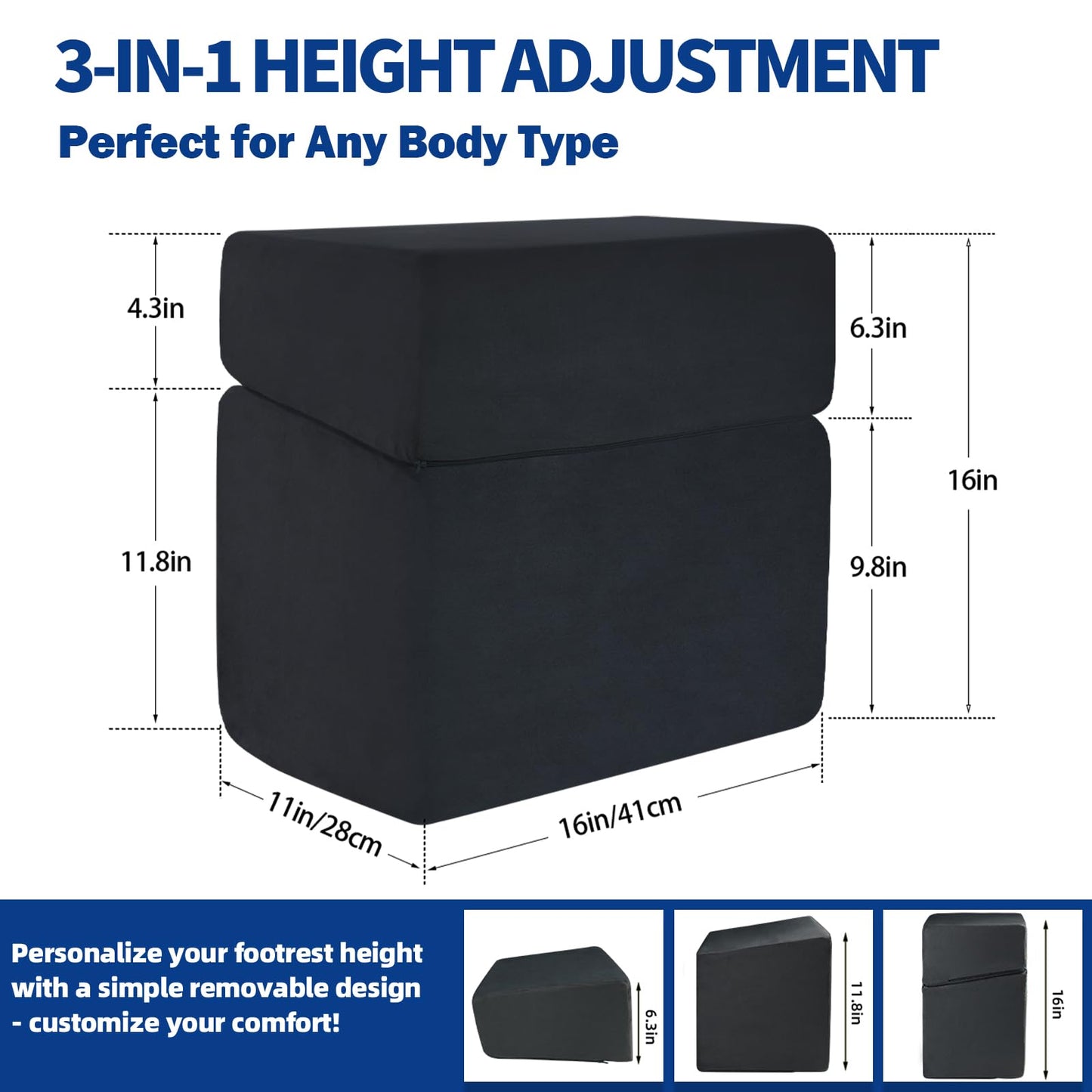 Adjustable Foot Rest for Under Desk At Work - 3-in-1 Ergonomic Foot Stool with Zipper Connection, 6.3"/11.8"/16" Height Adjustable for Office, Home & Gaming (Black)