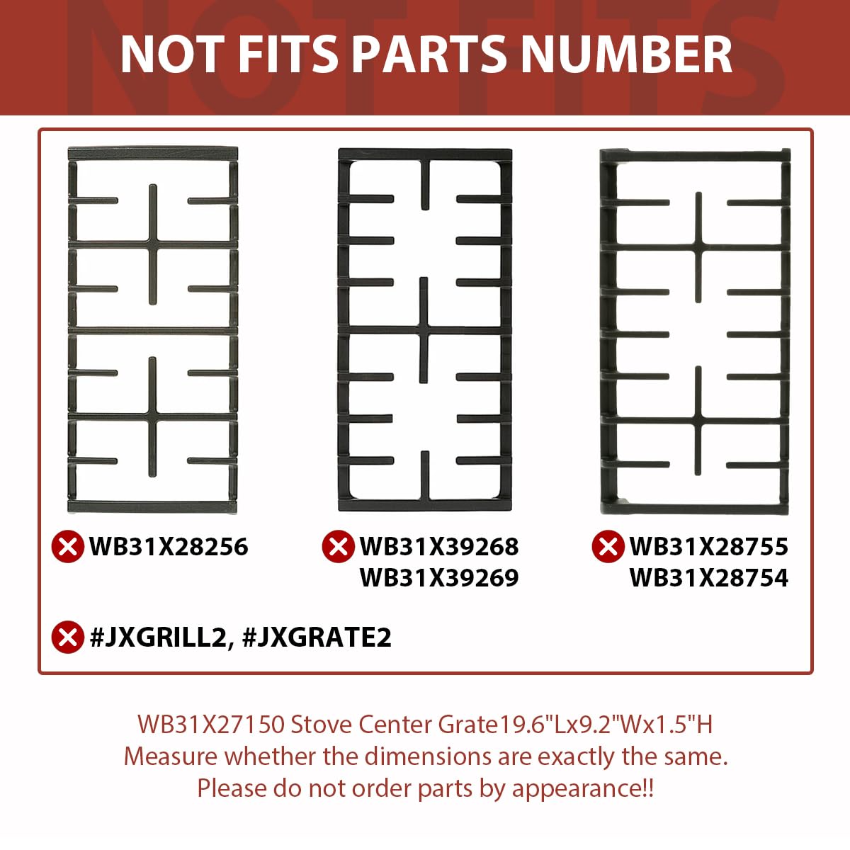 Premium WB31X27150 Cast Iron Gas Stove Burner Grate Replacement for GE Range Surface Stove Top Burner Center Grate Parts 19.6"x9.2" WB31X24737 General Electric Stove Parts Cooktop Grate Rack