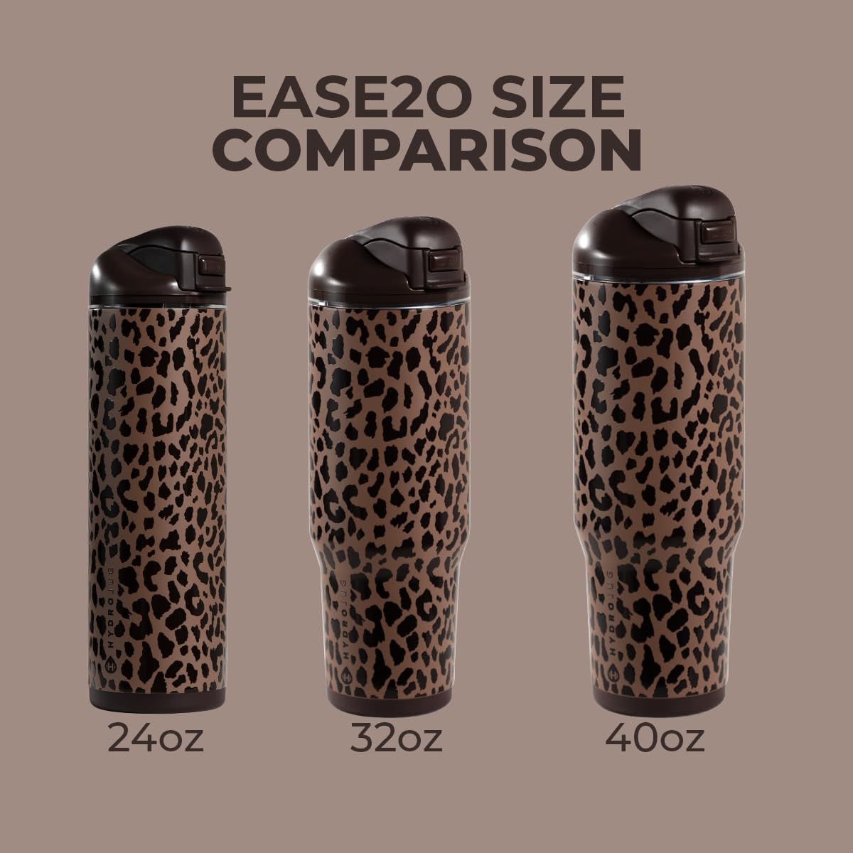 HydroJug Ease2o Water Bottle with Straw & Chug Lid, Stainless Steel, Vented Cap to Help Reduce Pressure, Water-Level Window, Cup Holder Friendly, Non-Slip Base – 32oz, Brown Leopard