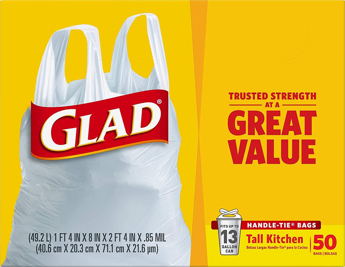 Glad 13 Gal. Tall Kitchen Handle-Tie Bags 50 ct (Pack of 4)