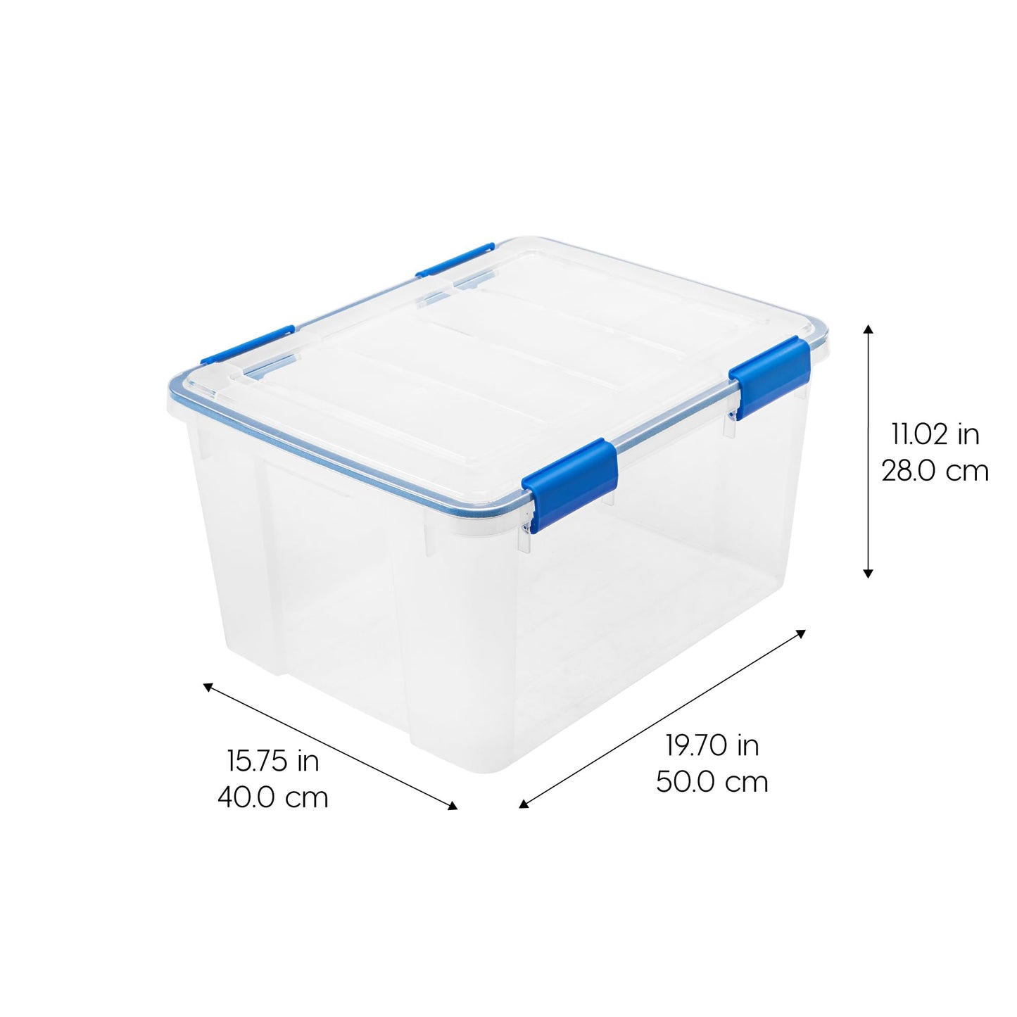 IRIS USA WeatherPro 44 Qt Storage Bins with Lids, 2 Pack, BPA-Free Plastic Gasket Box with Tight Latch and Seal, Stackable Nestable Tote Tub - Clear/Blue