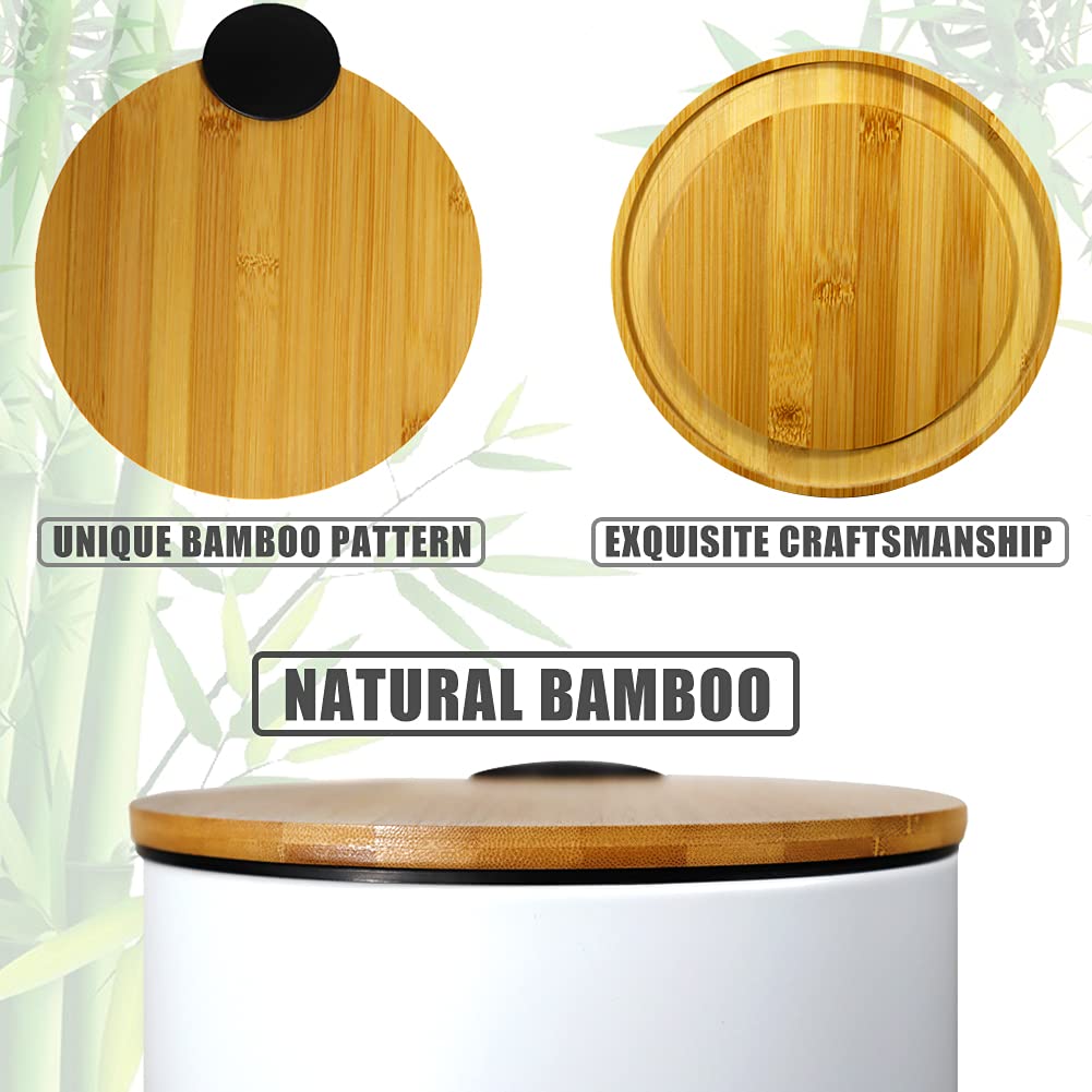 SIDIANBAN Small Bathroom Trash Can with Bamboo Lid Soft Close and Foot Pedal, 1.3Gal/5L Round Garbage Can with Removable Inner Wastebasket for Bedroom, Powder Room, Craft Room, Office, Kitchen, White
