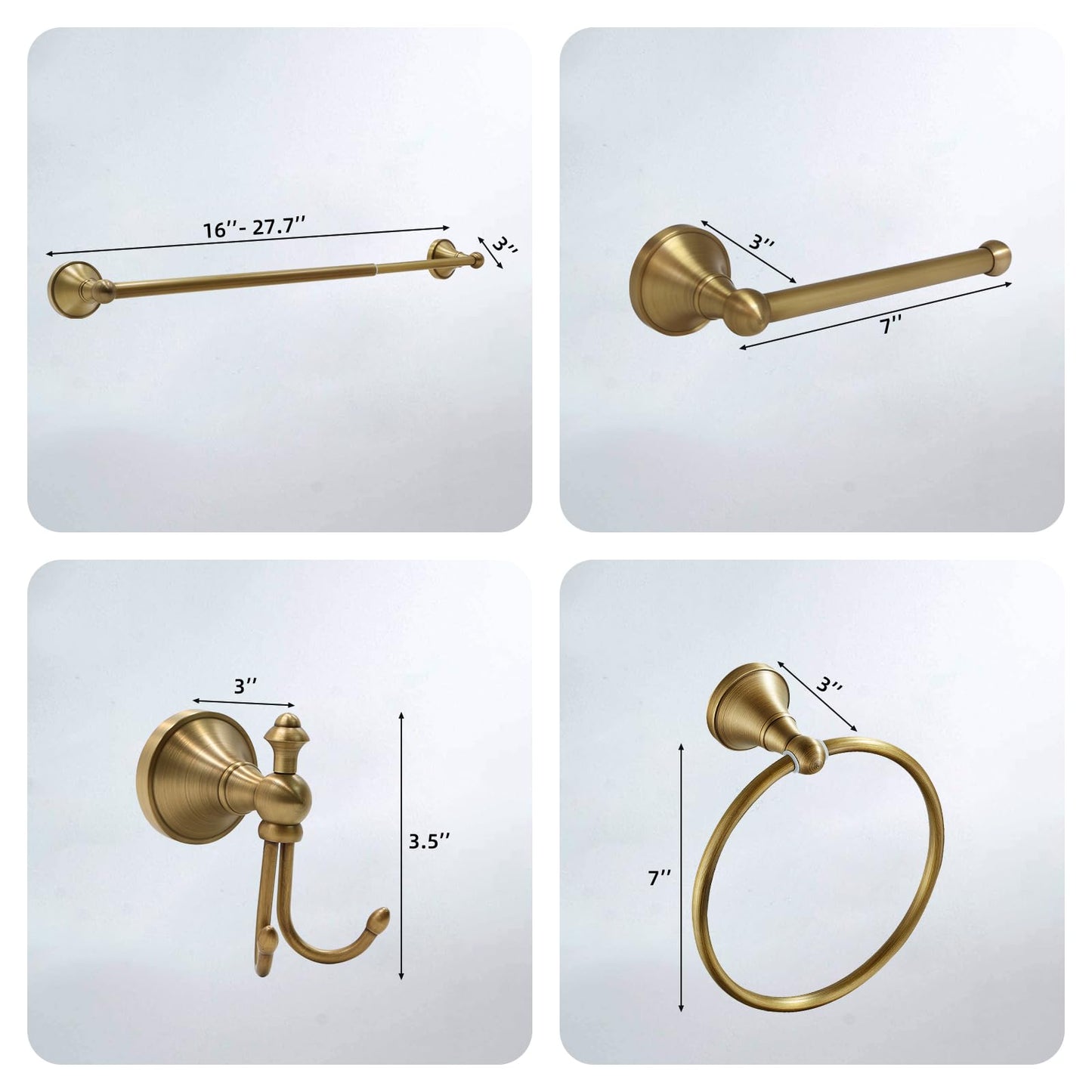 4 Piece Antique Brass Gold Bathroom Towel Bar Set - Toocust 16"-27.7" Adjustable Towel Bar for Bathroom, Wall Mounted Antique Brass Bathroom Hardware, Brushed Brass Towel Holder