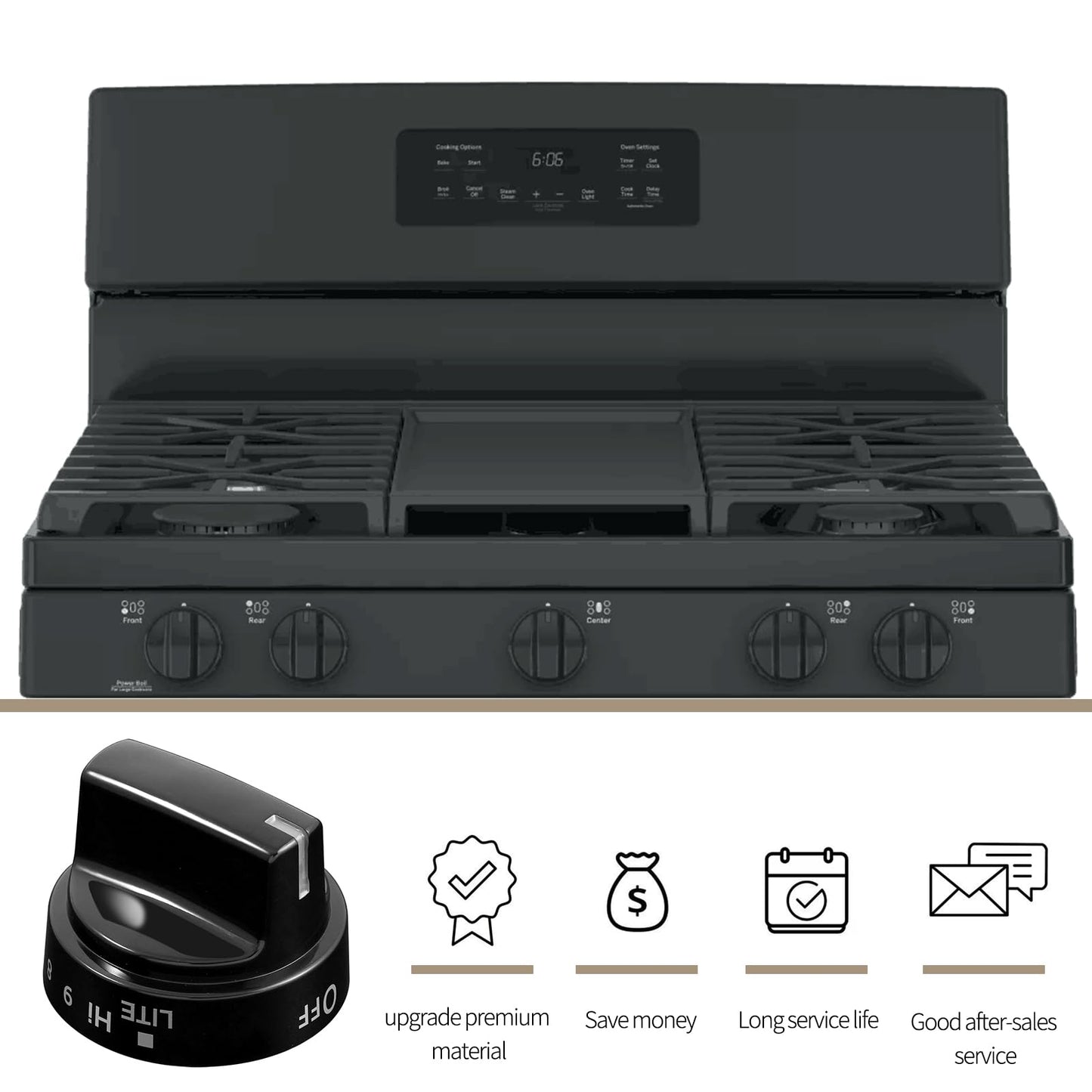 atgestore WB03X24759 Stove Knobs Replacement for GE Stove Parts KIP 5G92 222D5793 Cooktop Knobs GE Range Oven Parts Black Plastic Surface Burner Control Knob Range Burner Knobs 5 Pcs