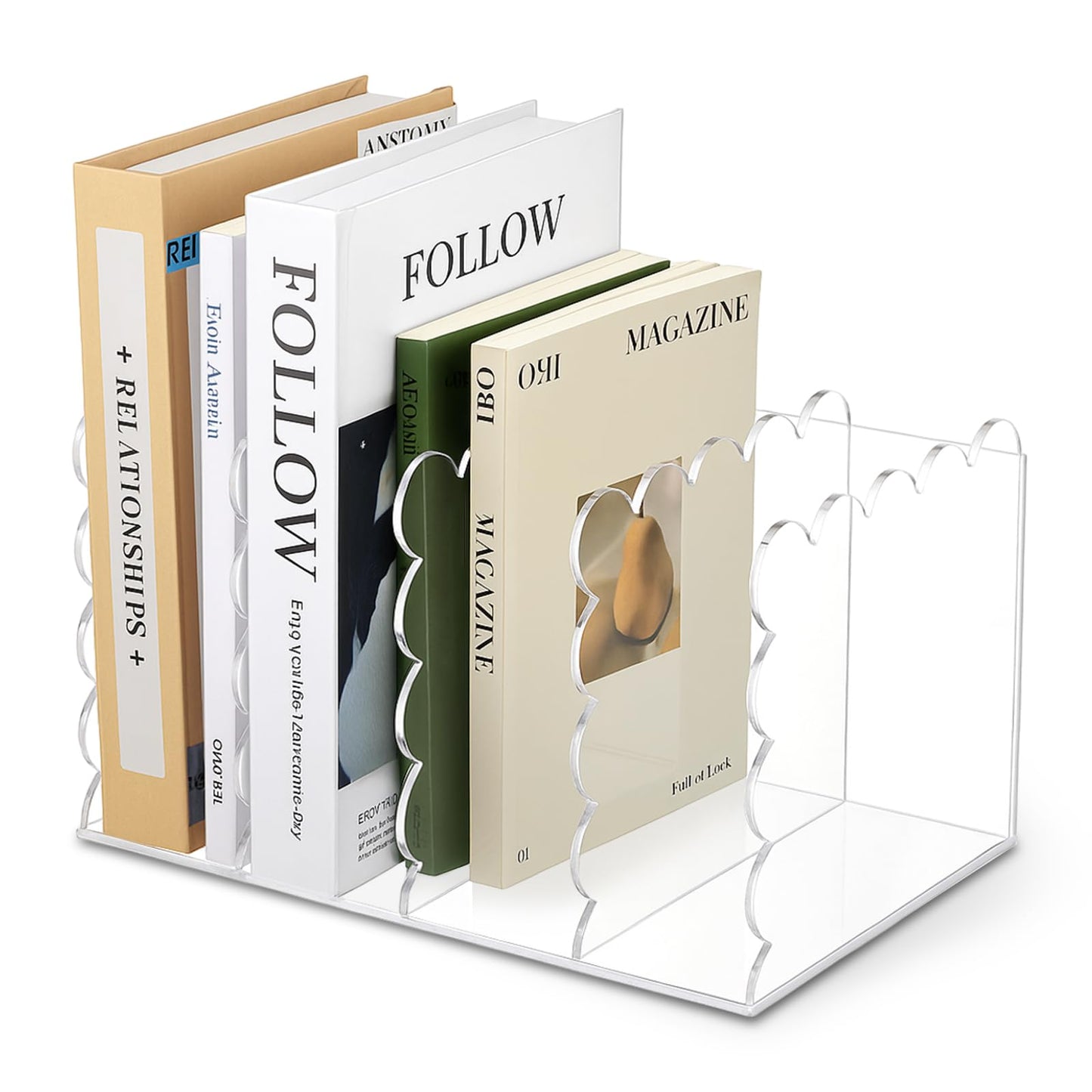 AmazingSpark Scalloped Acrylic Book Holder for Desk with 4 Vertical Compartments 11.22 x 7.28 x 6.5 Inches Clear Acrylic Magazine Organizer Storage Mail Sorter with Wave Edge Design for Office Home