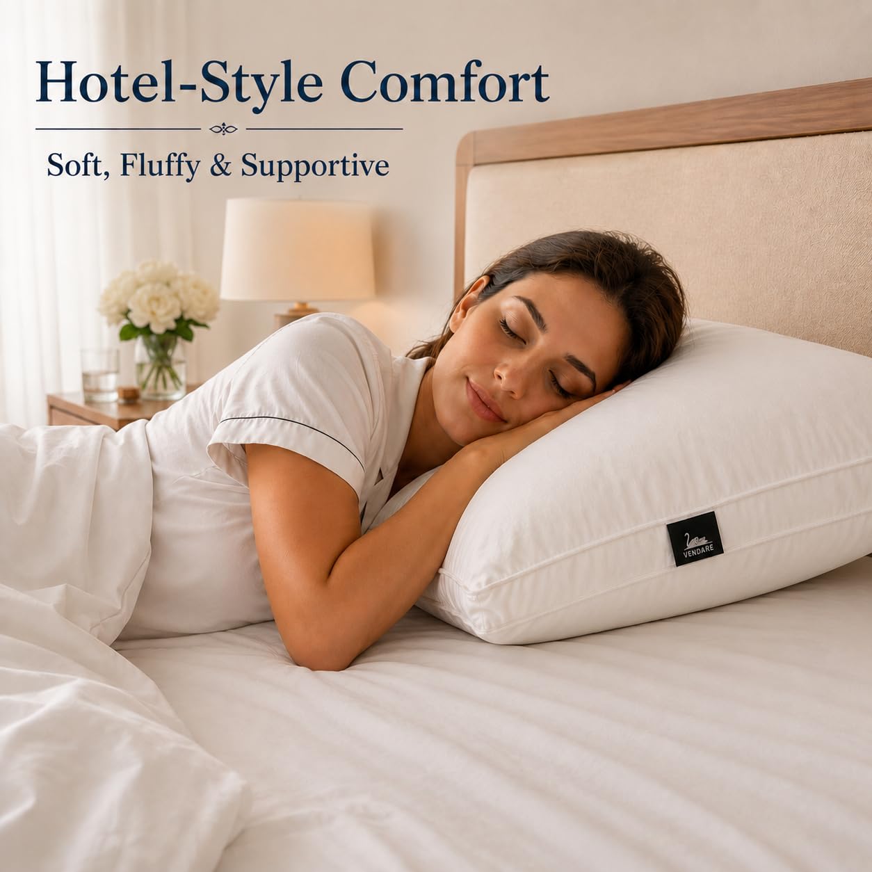 Vendare Queen Size Goose Down Pillows Set of 2 - Hypoallergenic Bed Pillows 500 Fill Power with 100% Cotton Cover, Medium Firm Support