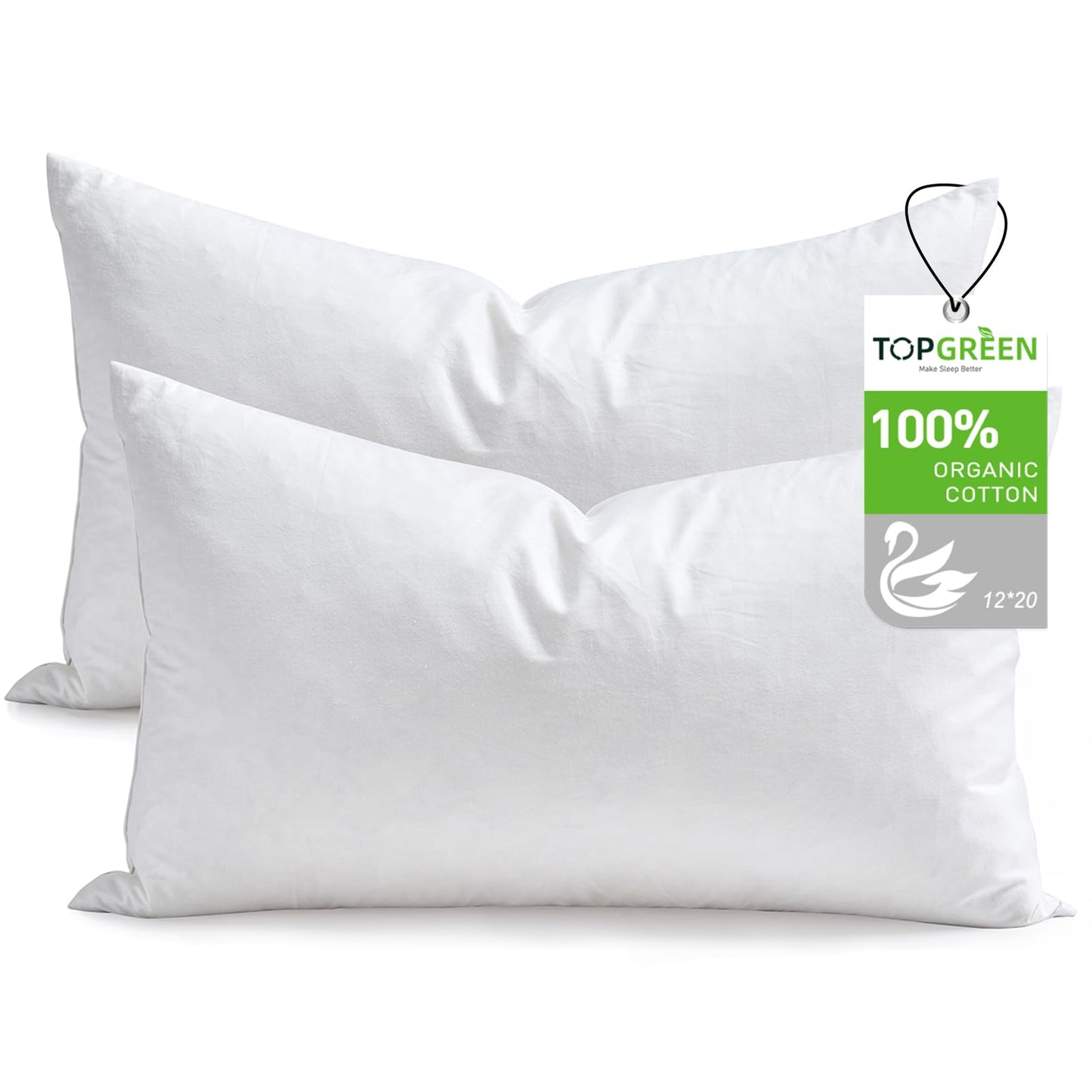 TOPGREEN Feathers Down Throw Pillow Inserts 12x20, Set of 2, 100% Organic Cotton Shell, Soft Decorative Lumbar Pillow Insert for Living Room Sofa, Couch, or Bed (White)