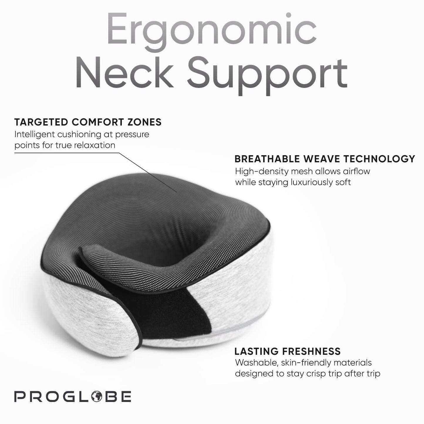 Proglobe Travel Neck Pillows for Airplanes, Sleeping Essentials for Long haul Flights, 360° Head Support, Car and Airplane Kit with 3D Contoured Eye Mask, Earplugs and Luxury Mesh Bag (Adult, Grey)