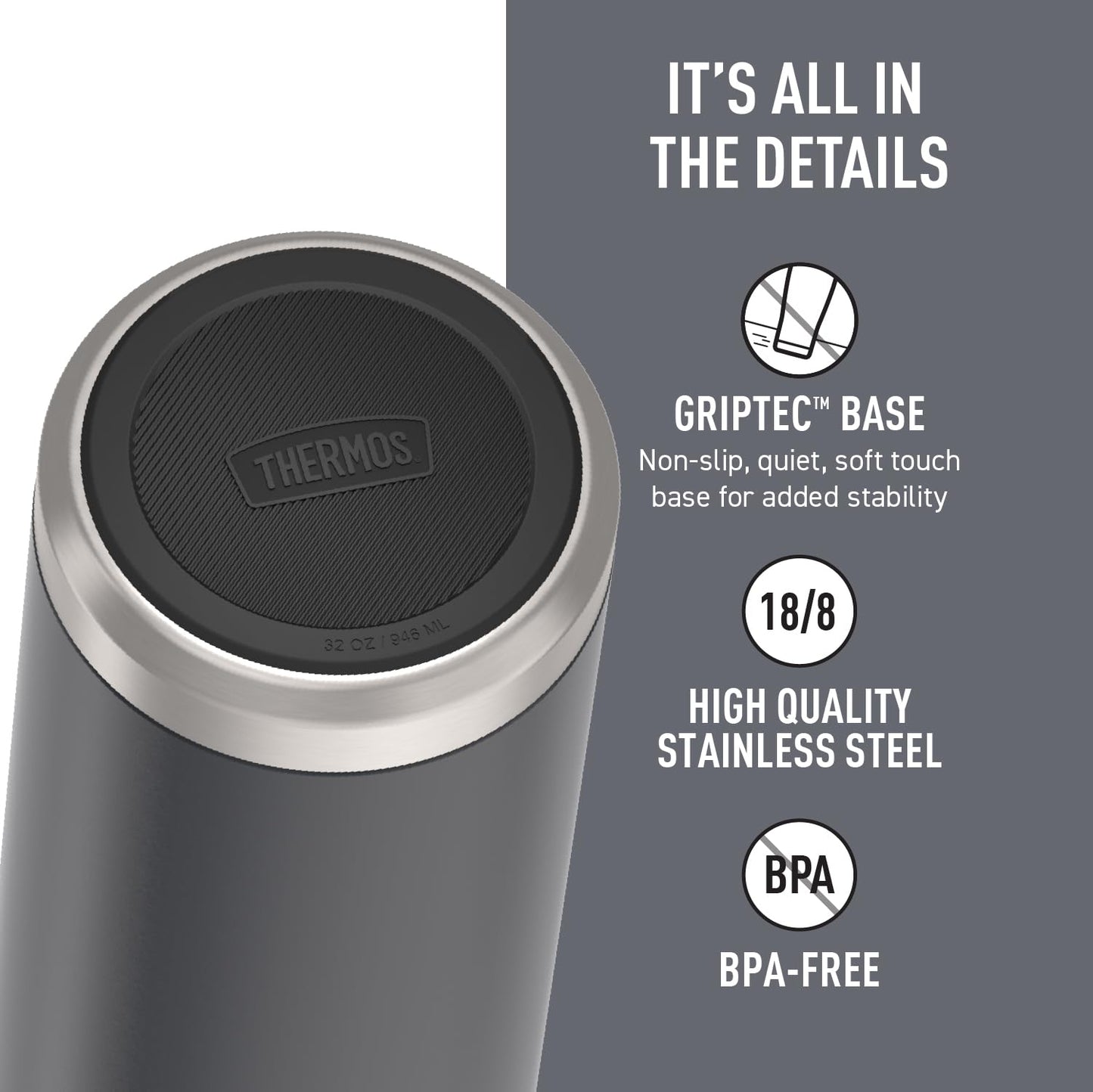 THERMOS ICON SERIES Stainless Steel Water Bottle with Screw Top Lid - 32 Ounce, Granite - Insulated Water Bottle with Lid