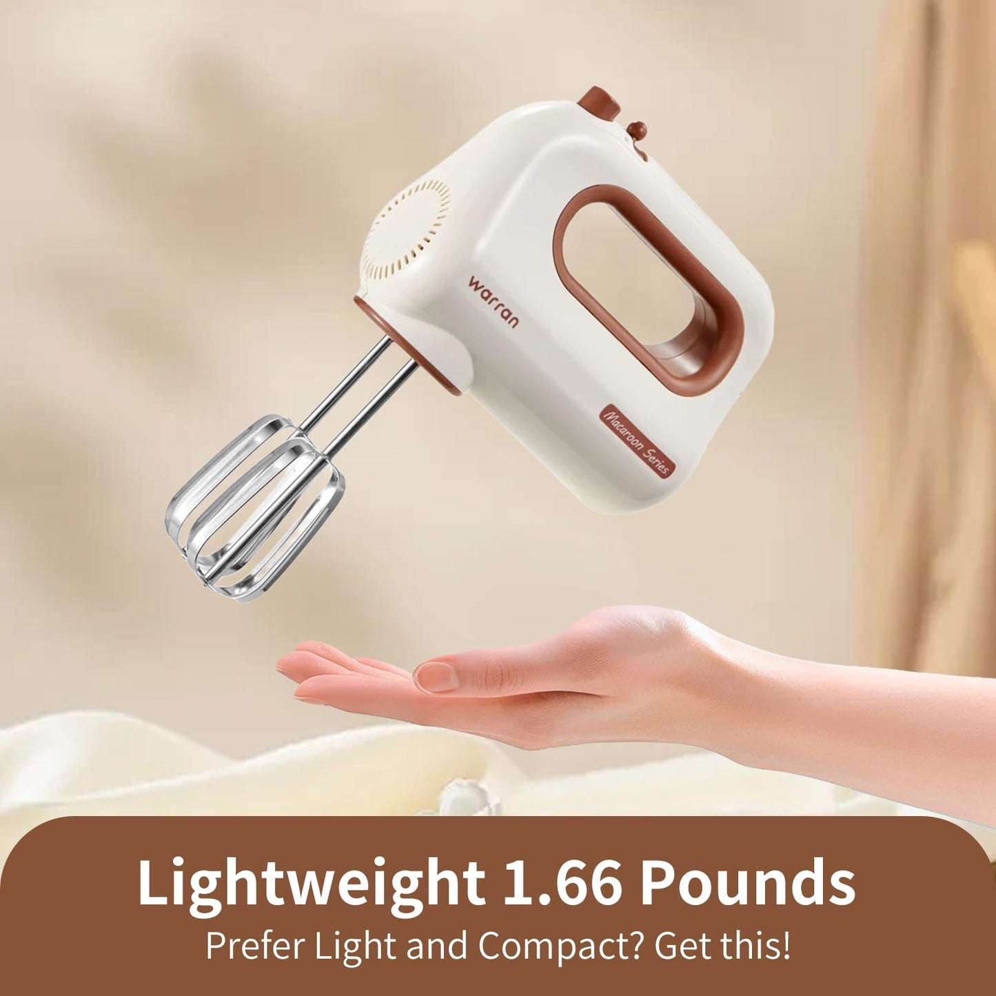 warran 300W Compact Lightweight Electric Hand Mixer, with Powerful Quiet DC Motor for Baking, Cake, Brownies, Cookie Dough, Ideal for Home Kitchen (White)
