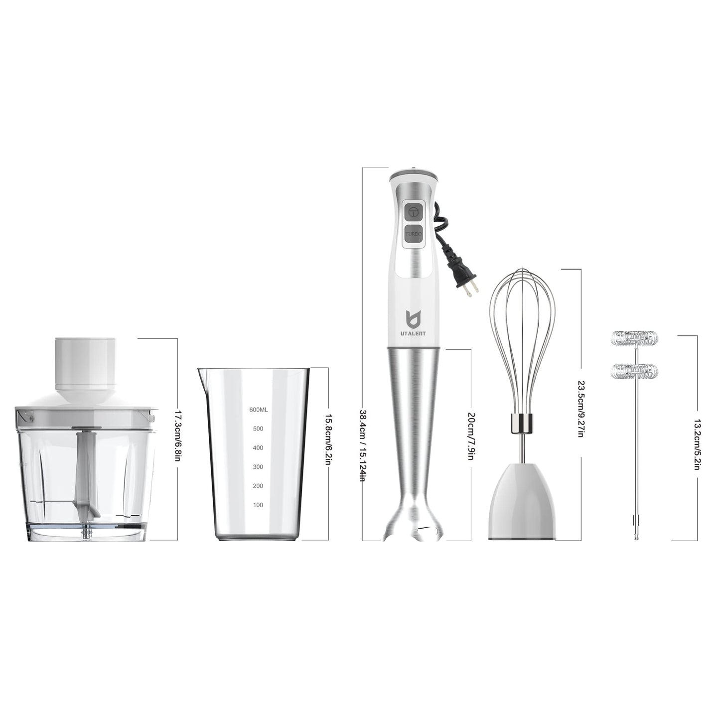 Immersion Hand Blender, UTALENT 5-in-1 8-Speed Immersion Blender with 500ml Food Grinder, 600ml Container,Milk Frother,Egg Whisk,Puree Infant Food, Smoothies, Sauces and Soups - White