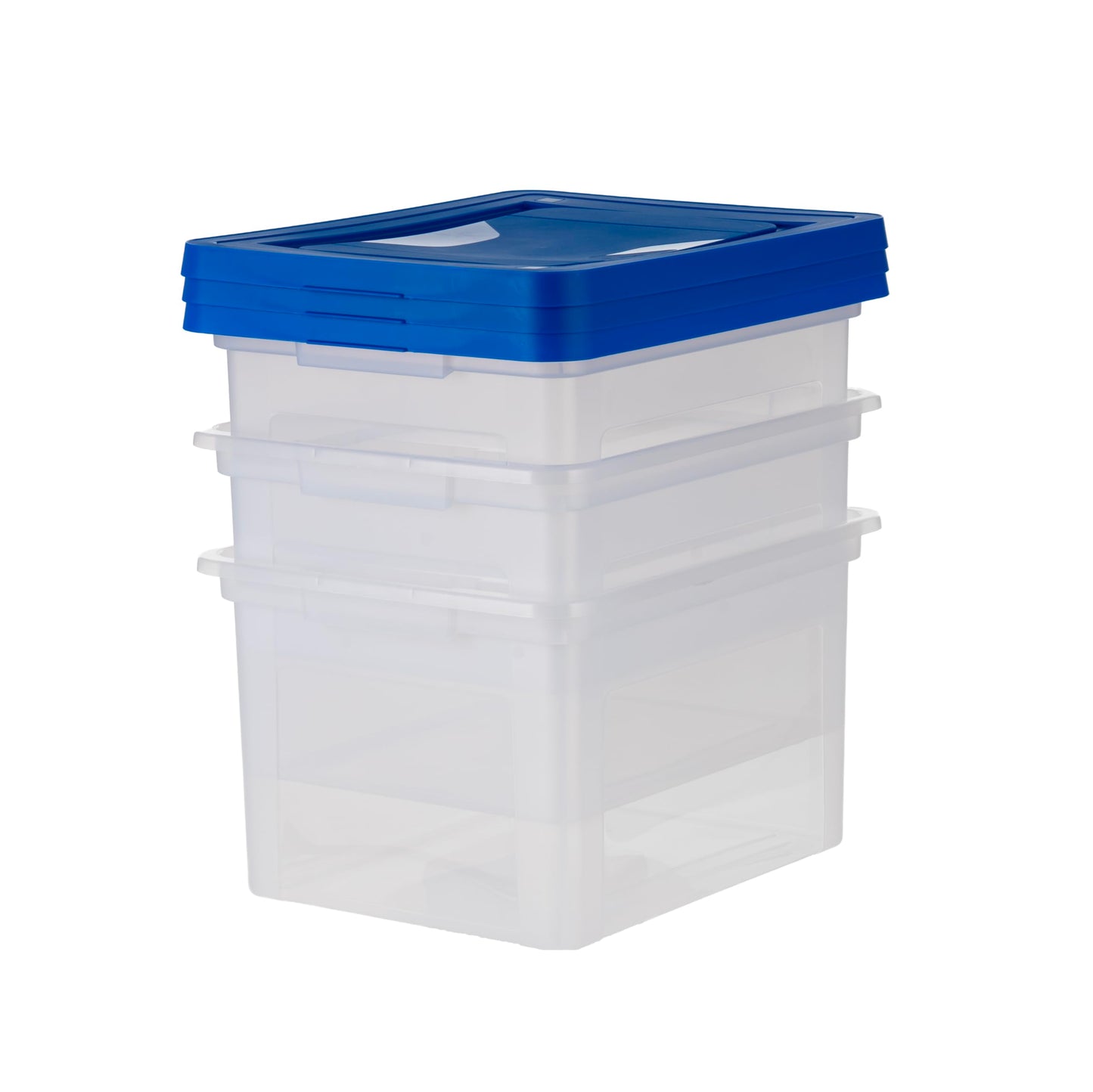 IRIS USA File Storage Box with Lid, Document Protection Box for Letter/Legal Files, Safety File Storage Container, Portable Stackable Filing Organizer, 35 Qt, 3 Pack, Clear/Blue