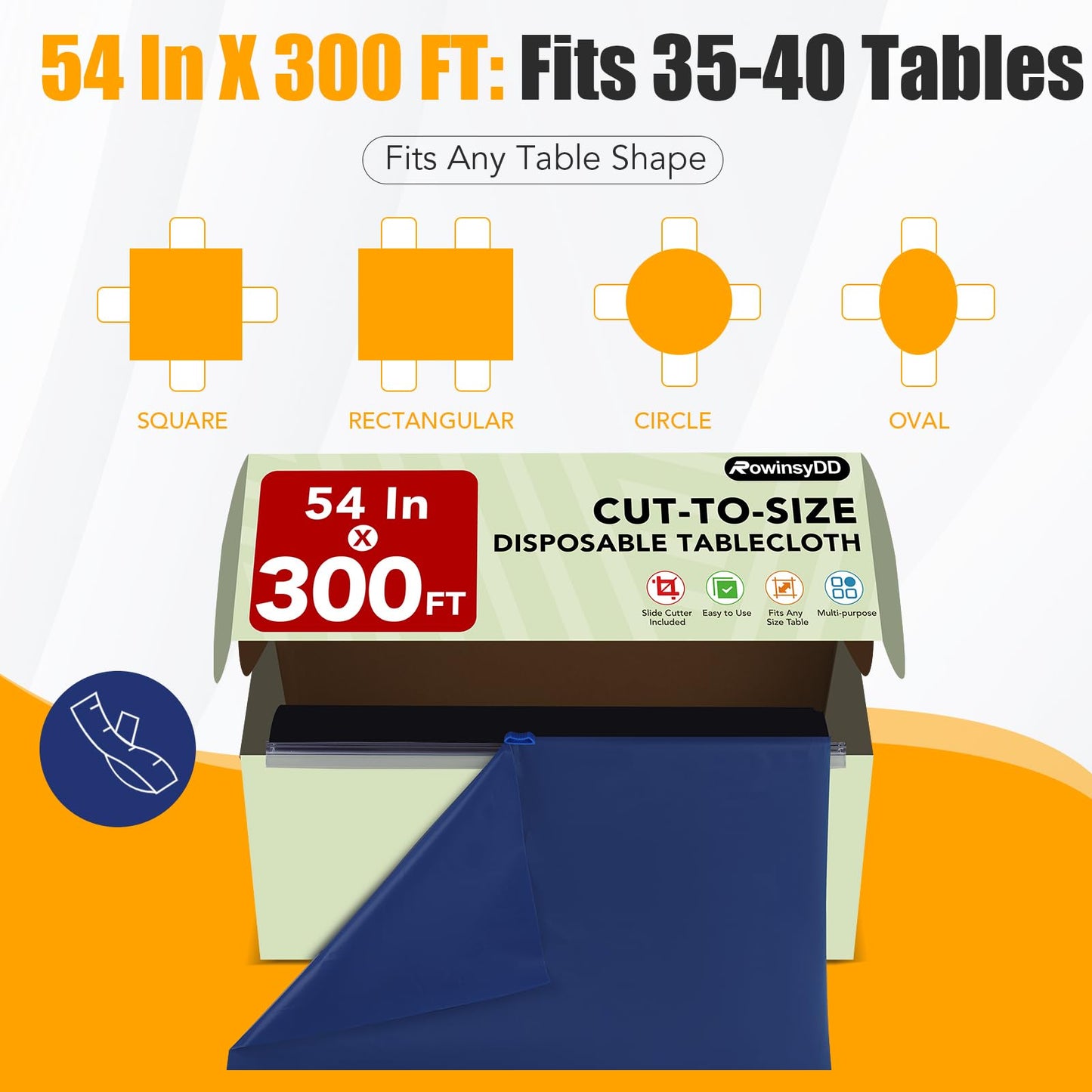 54 in X 300 FT Blue Plastic Table Cover Roll with Slide Cutter, Cuts Up to 36 Rectangle 8 Feet Disposable Plastic Table Cloths, Disposable Table Cover Roll for Dinning, Parties, BBQ, Wedding, Outdoor