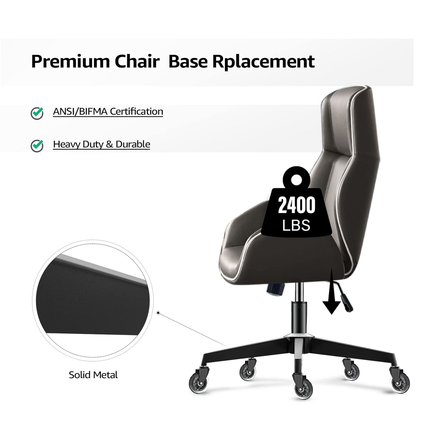 Sytopia 28'' Heavy Duty Office Chair Base Replacement with Cross Metal Legs (2400 lbs), Universal Gas Cylinder & Caster Sockets, Matte Black
