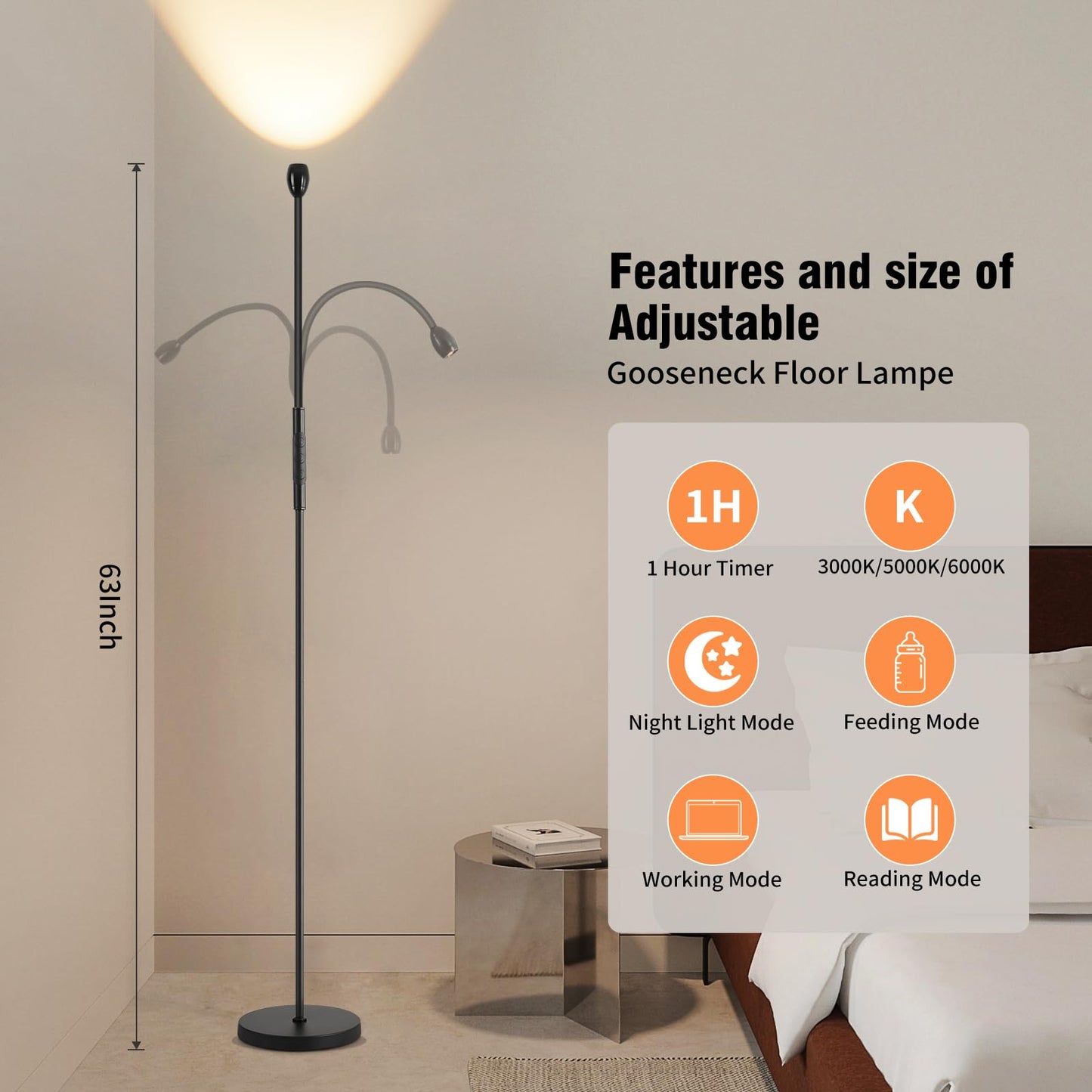 Powfloven LED Beam Reading Floor Lamp, 360° Adjustable Standing Floor Lamp with Flexible Gooseneck, Timer and Zoomable Spotlight, Black Task Bright Lights with Remote for Living Room, Bedroom