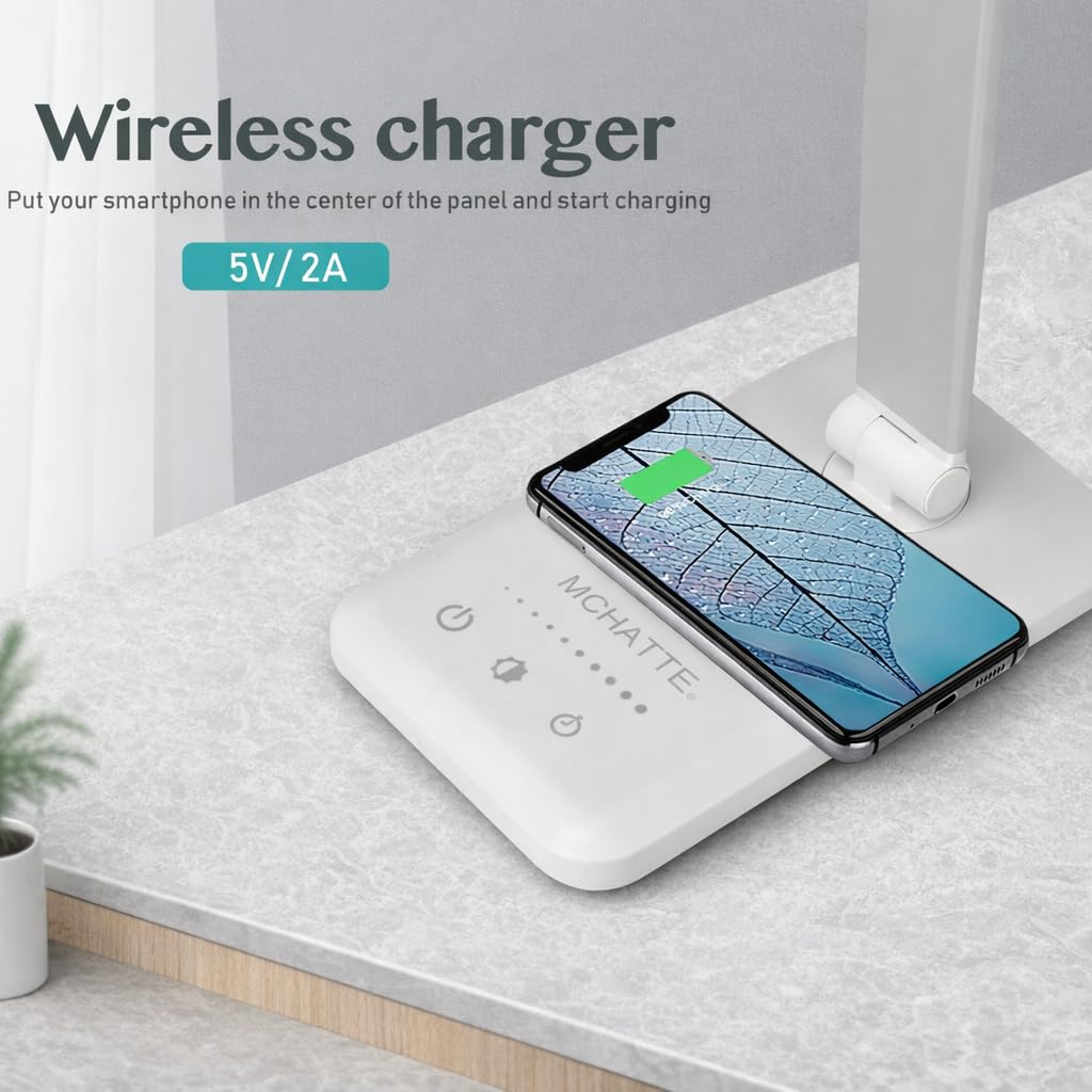 MCHATTE LED Desk Lamp with Wireless Charger, USB Charging Port, Dimmable Eye-Caring Desk Light with 5 Brightness Levels & 5 Lighting Modes, Touch Control, Auto Timer (White)
