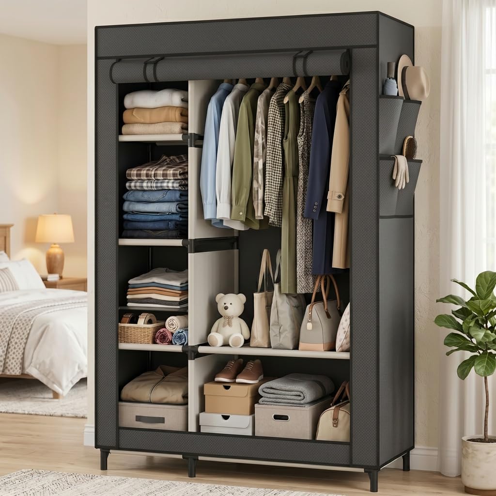 Calmootey Portable Closet Organizers, Clothing Storage, Wardrobe with 6 Shelves and Hanging Rod, Non-Woven Fabric Cover with 4 Side Pockets, Black