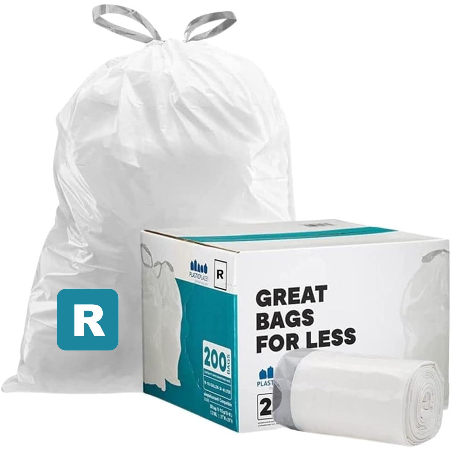 Plasticplace Custom Fit Trash Bags, Compatible with simplehuman Code R (200 Count) White Drawstring Garbage Liners 2.6 Gallon/ 10 Liter 16.5" x 18"