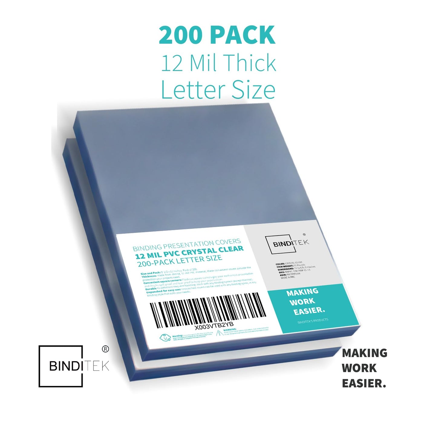 Binditek 200 Pack 12 Mil PVC Binding Report Covers, 8.5 x 11 Inches, Letter Size, Square Corners, Un-Punched, Office Supplies