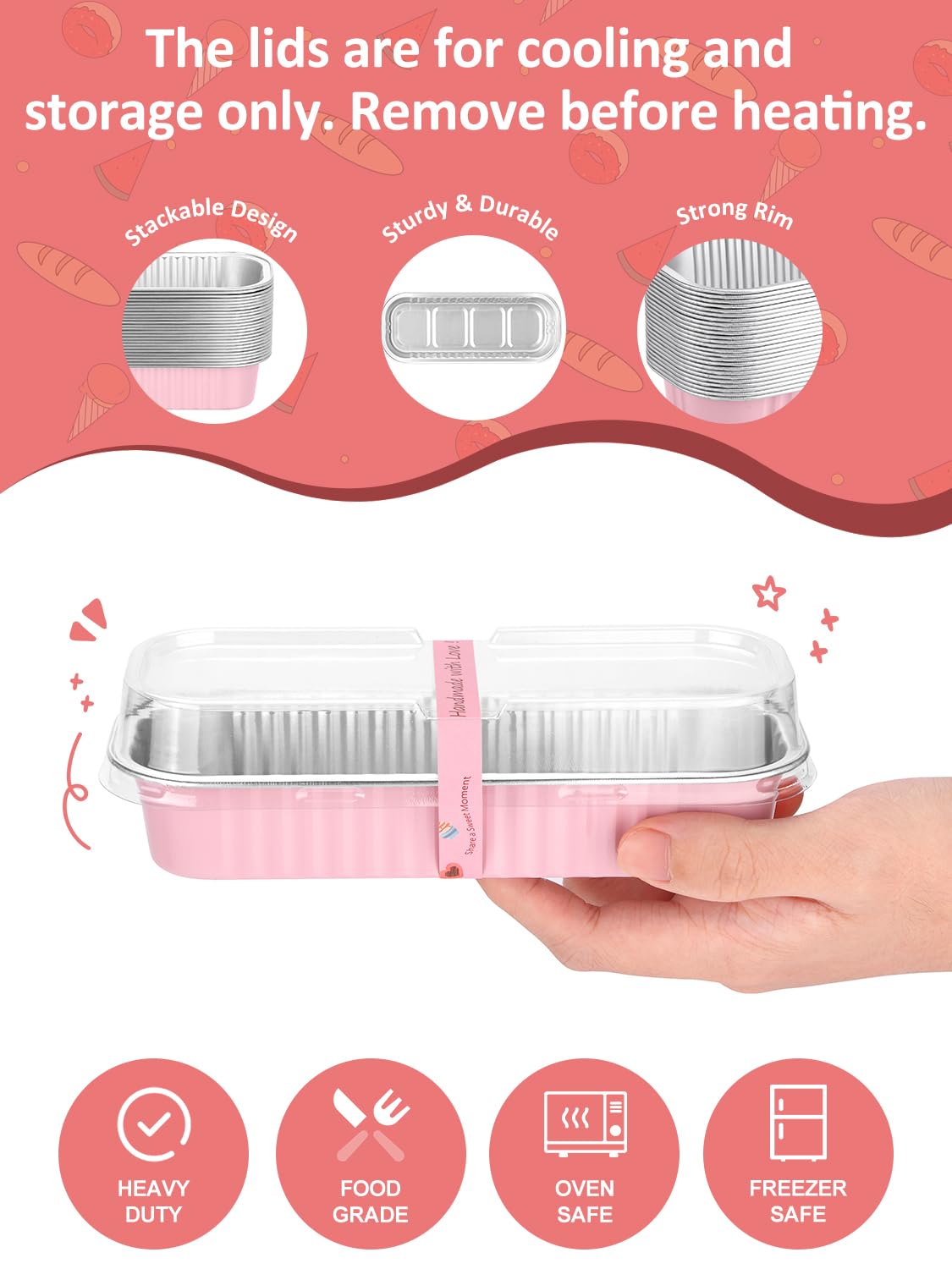 NEEBAKE 150 Pack 6.8 oz Disposable Mini Loaf Pans with Lids and Spoons - 6.5x2.5x1.2 Pink Aluminum Loaf Pans, Small Aluminum Tin Foil Baking Pan, Food Containers for Baking, Cakes, Bread, Loaves