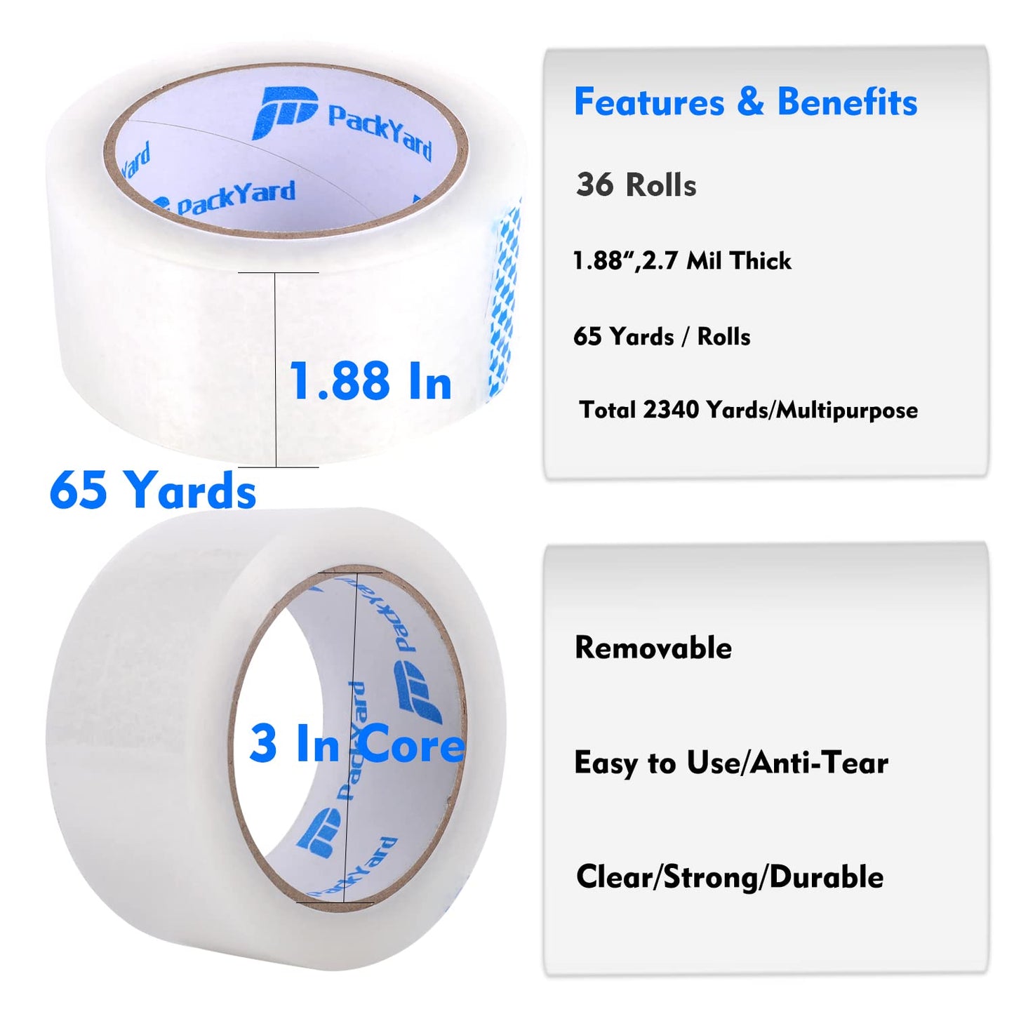 Packing Tape Refill Rolls Heavy Duty 36 Rolls Sealing Great for Packing Box Shipping and Moving Supplies Packaging 1.88" x 65 Yards 3" Core 2.7 Mil Thick
