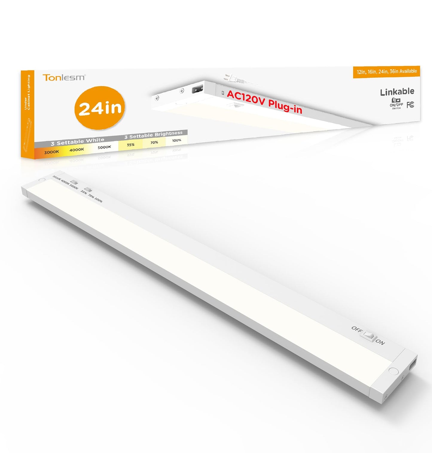 Tonlesm 24 Inch Under Cabinet Lighting Plug in, 14W 120V 3 Color 3000K/4000K/5000K, 3 Brightness, Super Bright, Ultra Thin Under Counter Lights for Kitchen, Linkable LED Cabinet Light, White