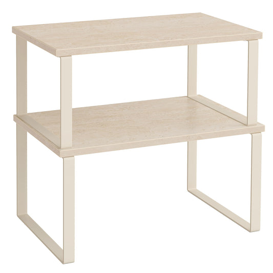 SONGMICS Cabinet Organizer Shelf, Set of 2 Kitchen Counter Shelves, Kitchen Storage, Spice Rack, Stackable, Expandable, Metal and Engineered Wood, Travertine Beige and Cream White UKCS020L01