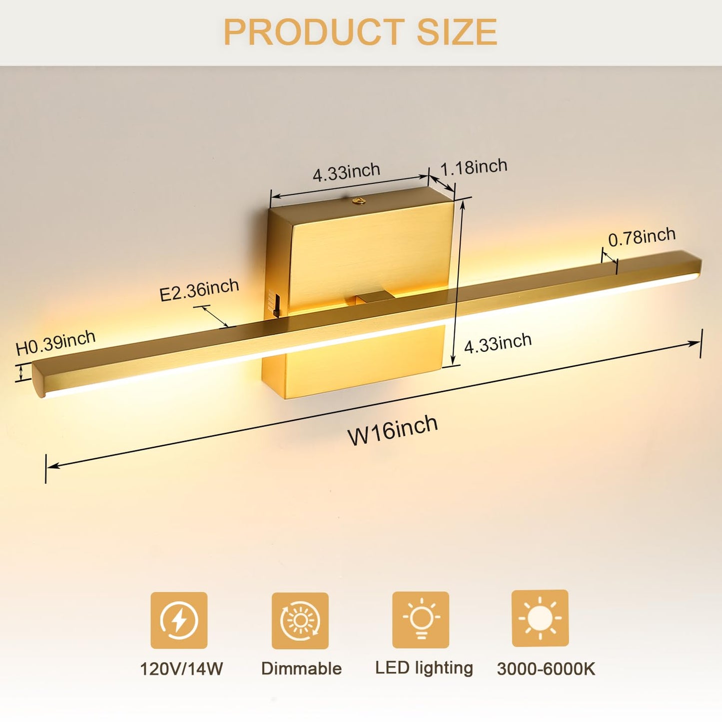 fengkiop Brushed Gold Vanity Light 16 Inch Modern Bathroom Light Fixtures 14W Wall Vanity Lamp Over Mirror, Dimmable 5CCT LED Wall Sconce for Bedroom Cabinets UL Certificated