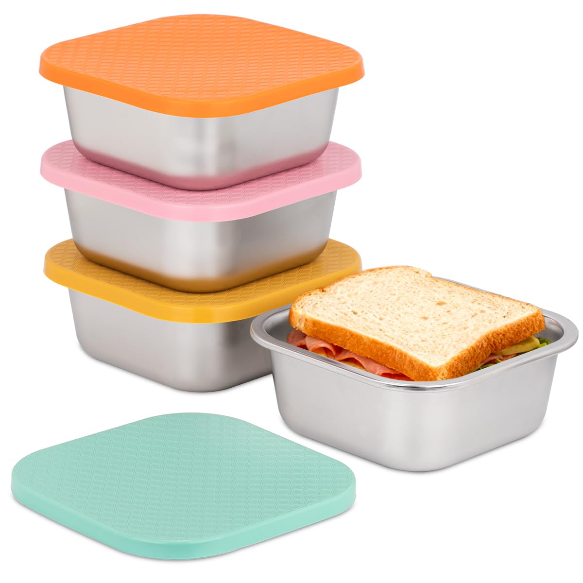 JUSTASHOW 4 Pack Sandwich Containers: 30oz Stainless Steel Lunch Box with Silicone Lids, Meal Prep Container Reusable Metal Sandwiches Food Storage for Kitchen & Office Salad Snacks Fruits
