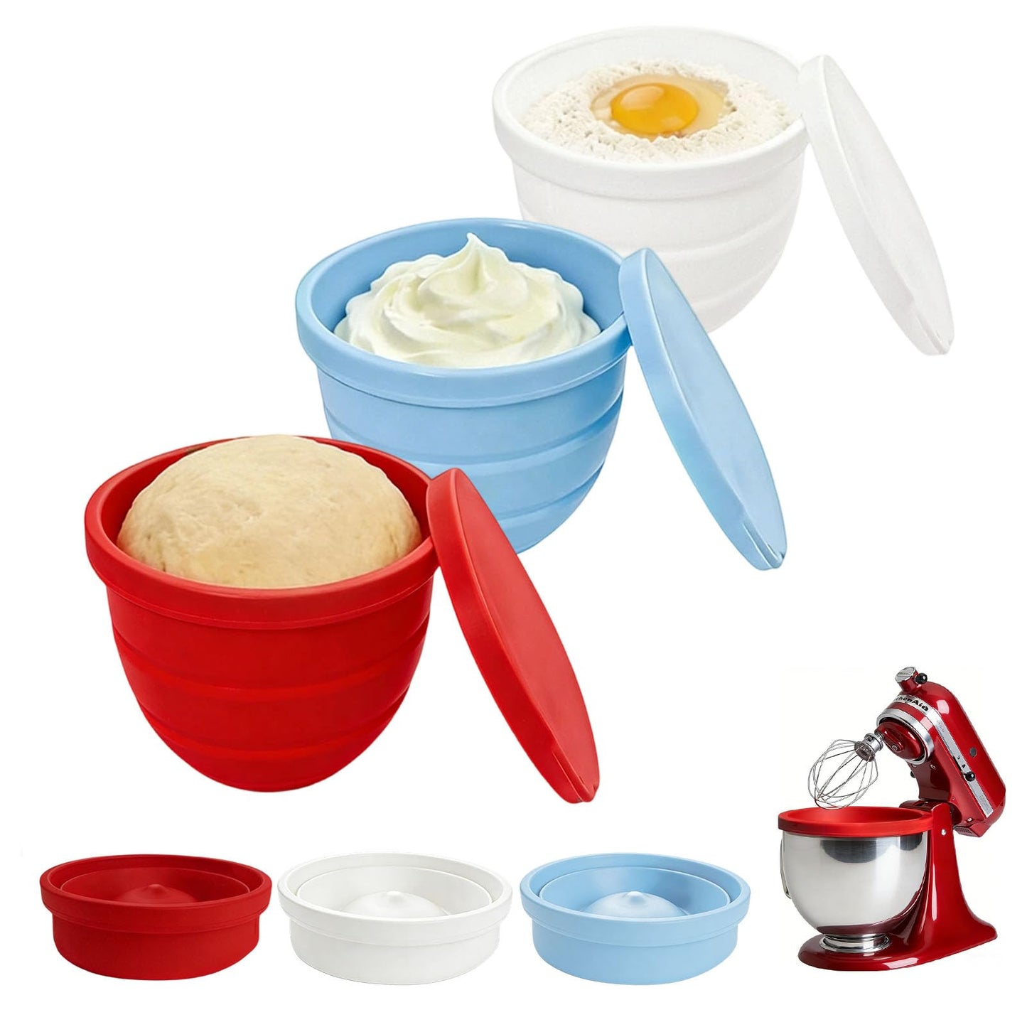 Upgraded Collapsible Silicone Bowl Liners for 5 Qt KitchenAid Tilt-Head Stand Mixer - 3 Liners with Airtight Lids, Heat-Resistant Mixer Accessories (3Pcs)