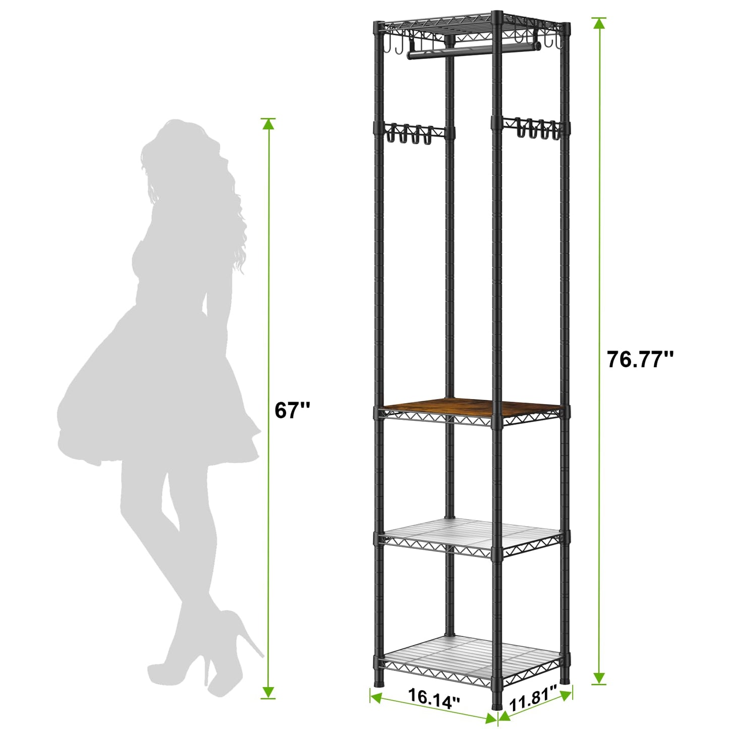 Roxibelt R1 Clothes Rack Heavy Duty, Clothing Racks for Hanging Clothes, Garment Rack with Storage Shelves, Small Coat Rack Freestanding for Entryway, Hallway, Bedroom, Max Load 448 Lbs, Black