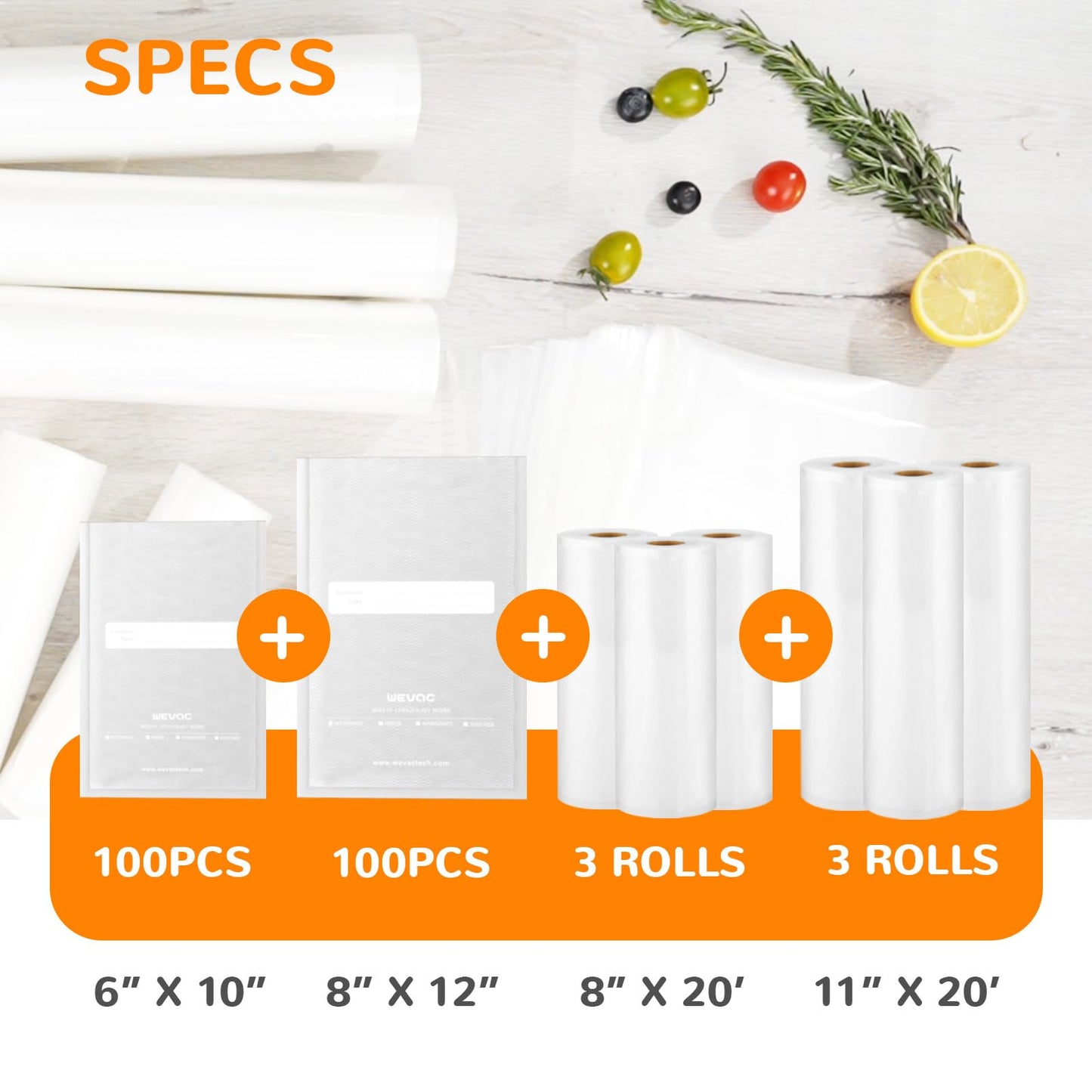 Multi-Size Sealing Solution Vacuum Sealer Bags & Rolls – 100x 6''x10'', 100x 8''x12'', 3 Rolls 11''x20', 3 Rolls 8''x20' – Premium Commercial-Grade for Food Storage, Meal Prep, & Sous Vide, Wevac